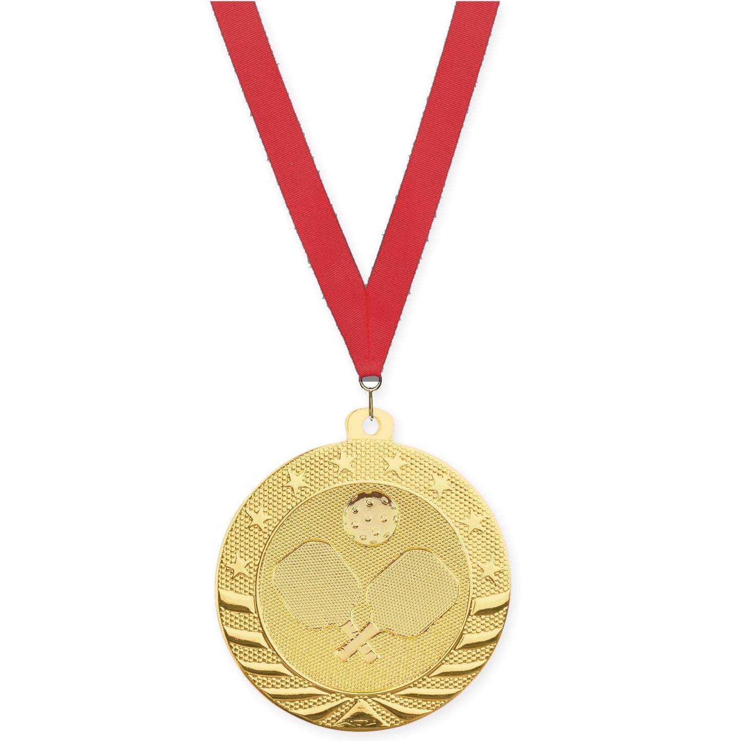2 inch pickleball Starbrite medal in bright gold with Red neck ribbon