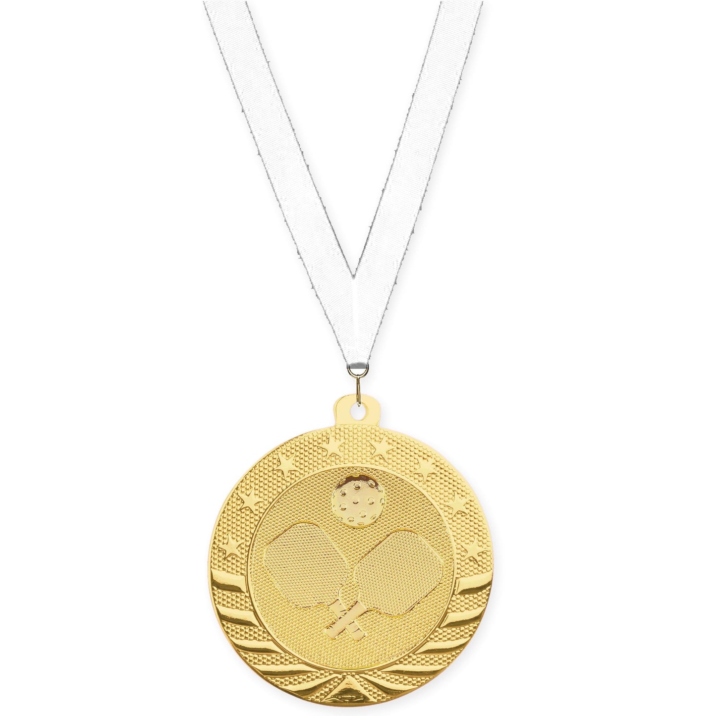 2 inch pickleball Starbrite medal in bright gold with White neck ribbon