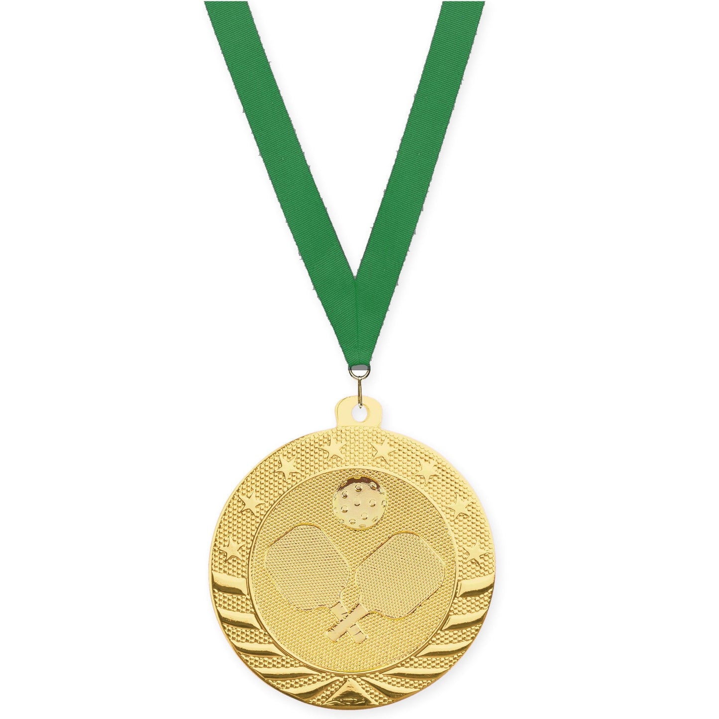 2 inch pickleball Starbrite medal in bright gold with Green neck ribbon