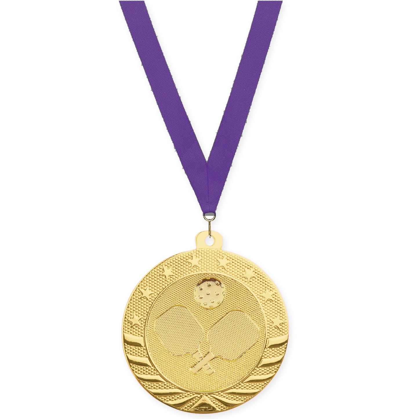 2 inch pickleball Starbrite medal in bright gold with Purple neck ribbon