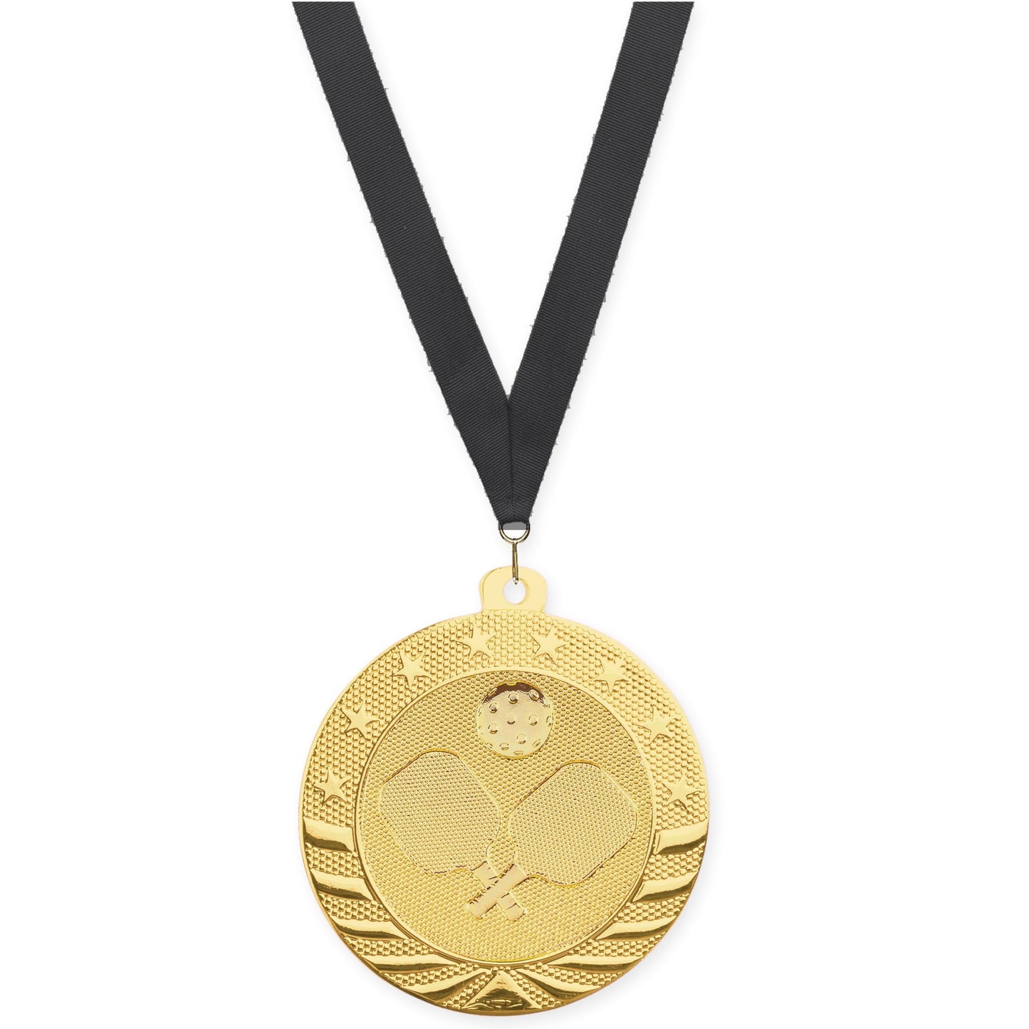 2 inch pickleball Starbrite medal in bright gold with Black neck ribbon