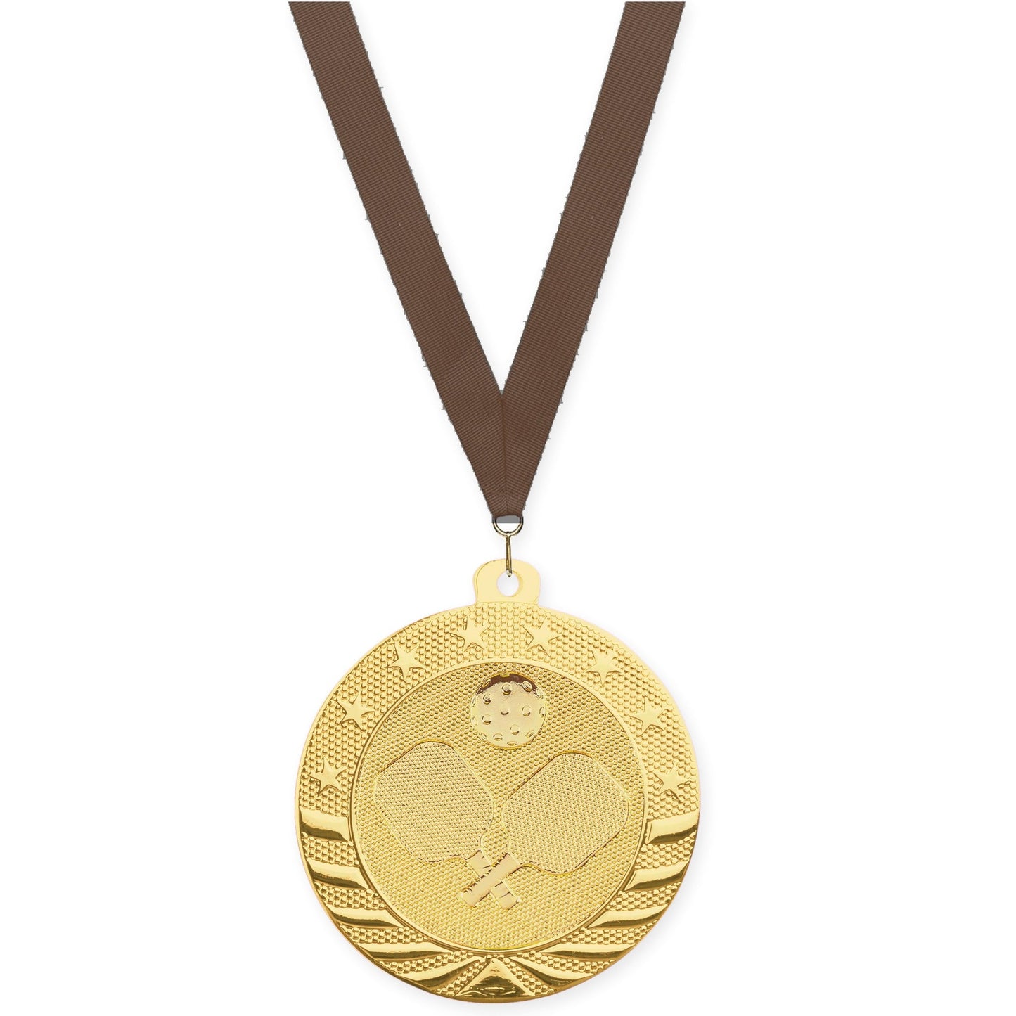 2 inch pickleball Starbrite medal in bright gold with Brown neck ribbon