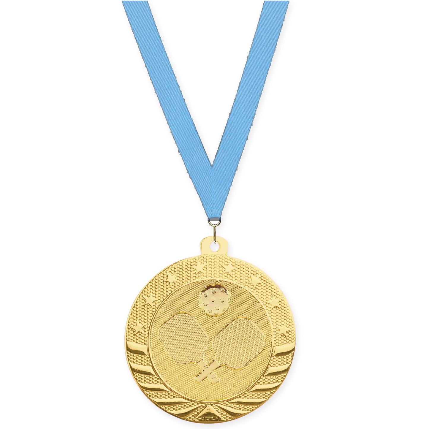 2 inch pickleball Starbrite medal in bright gold with Light Blue neck ribbon