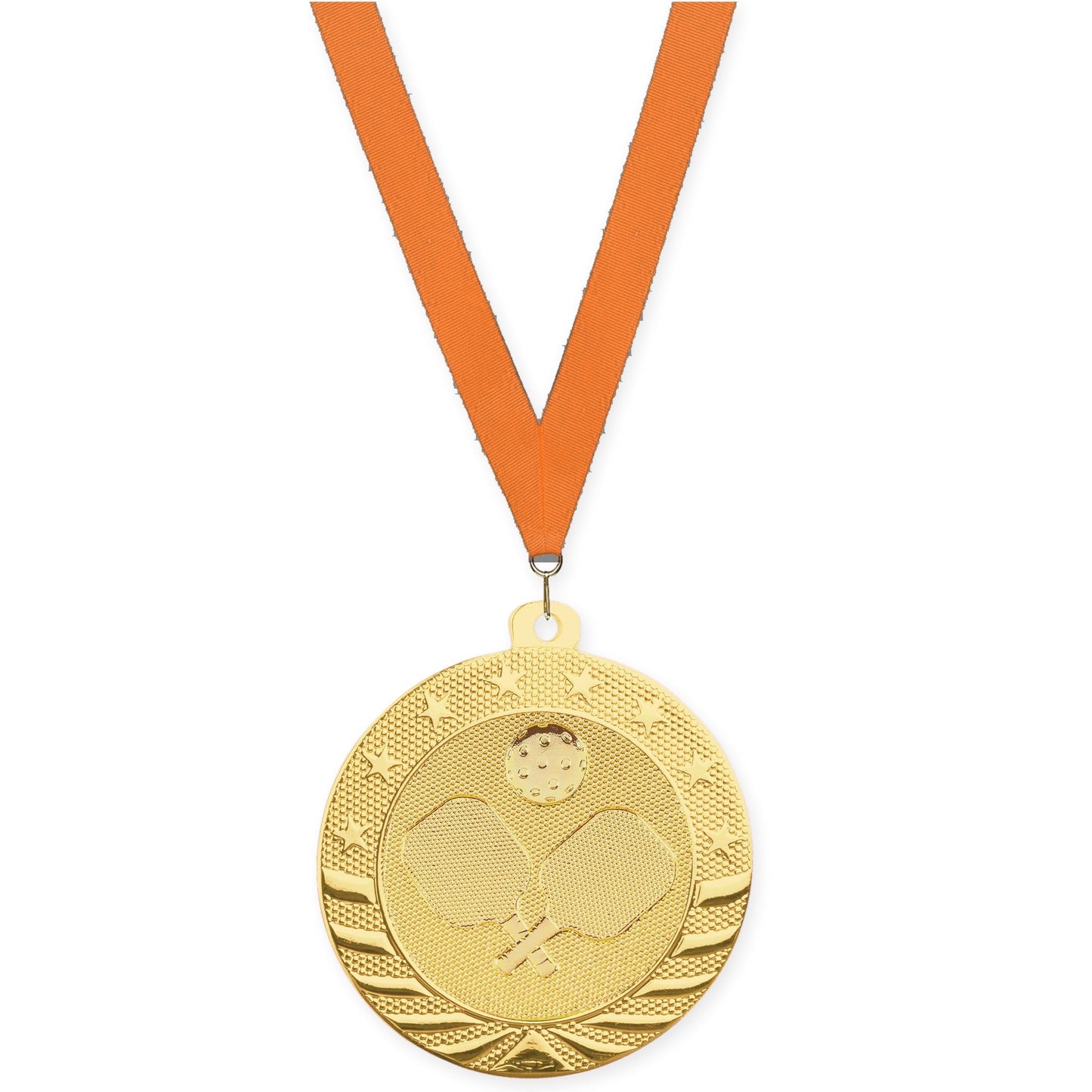 2 inch pickleball Starbrite medal in bright gold with Orange neck ribbon