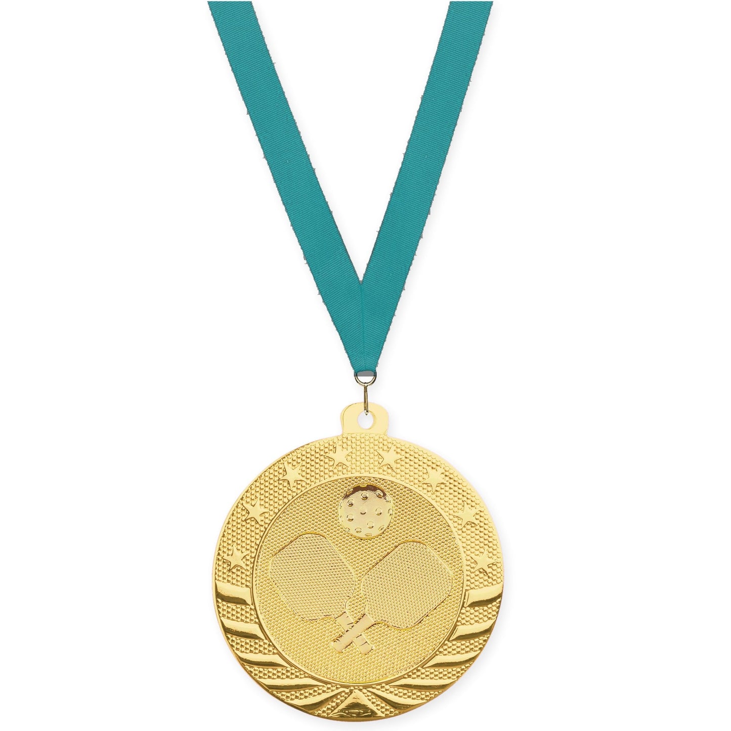 2 inch pickleball Starbrite medal in bright gold with Teal neck ribbon