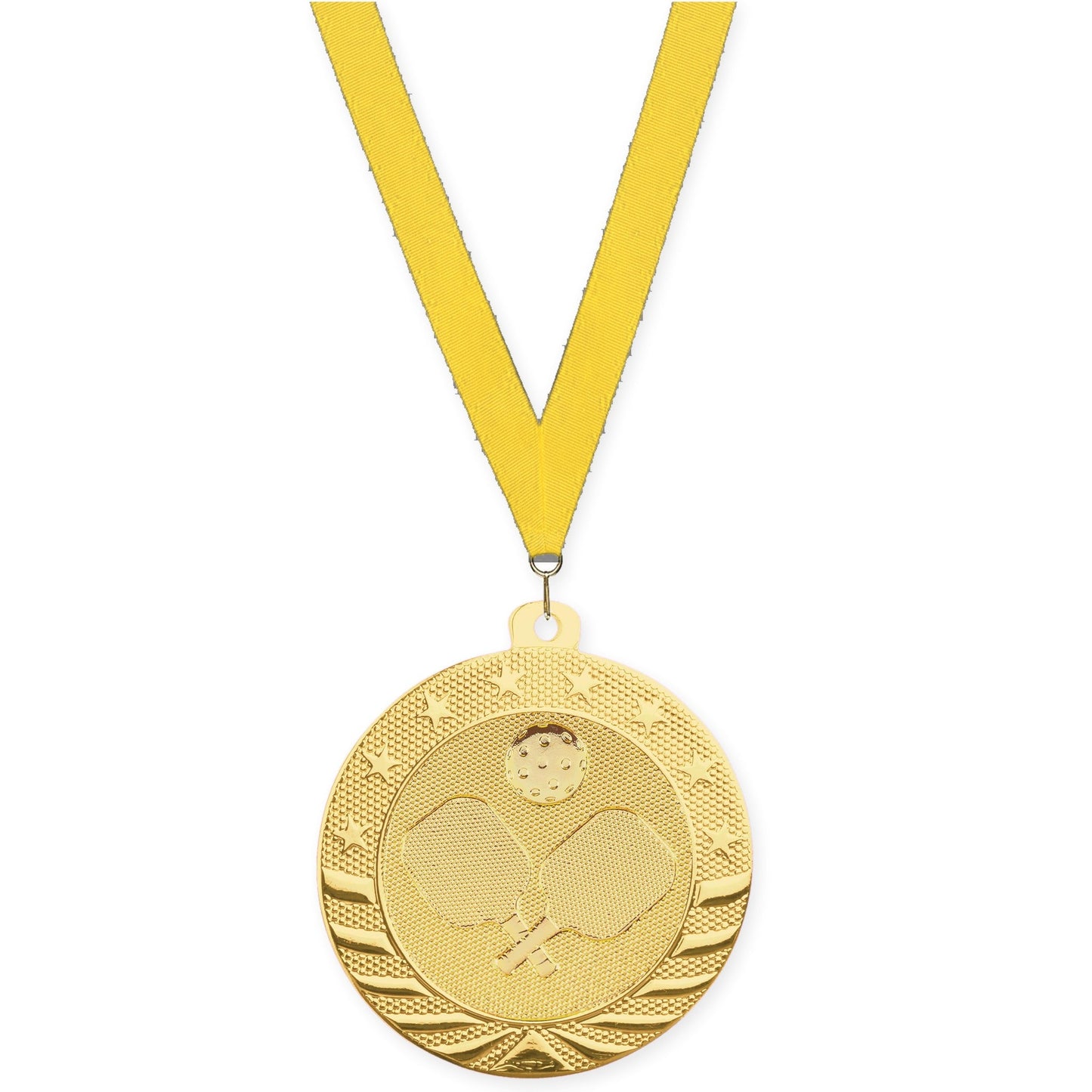 2 inch pickleball Starbrite medal in bright gold with Yellow neck ribbon