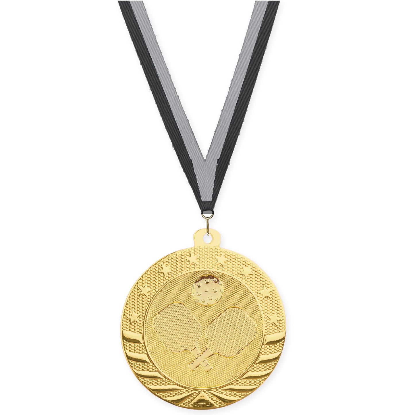 2 inch pickleball Starbrite medal in bright gold with Black Gray neck ribbon