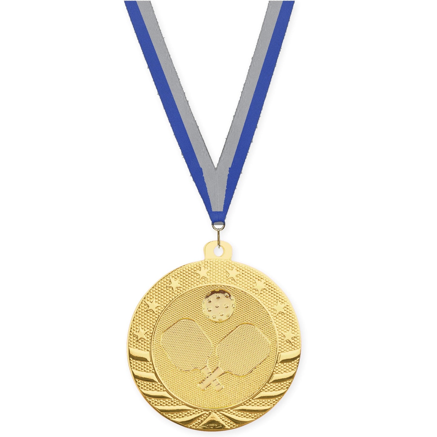 2 inch pickleball Starbrite medal in bright gold with Blue Gray neck ribbon