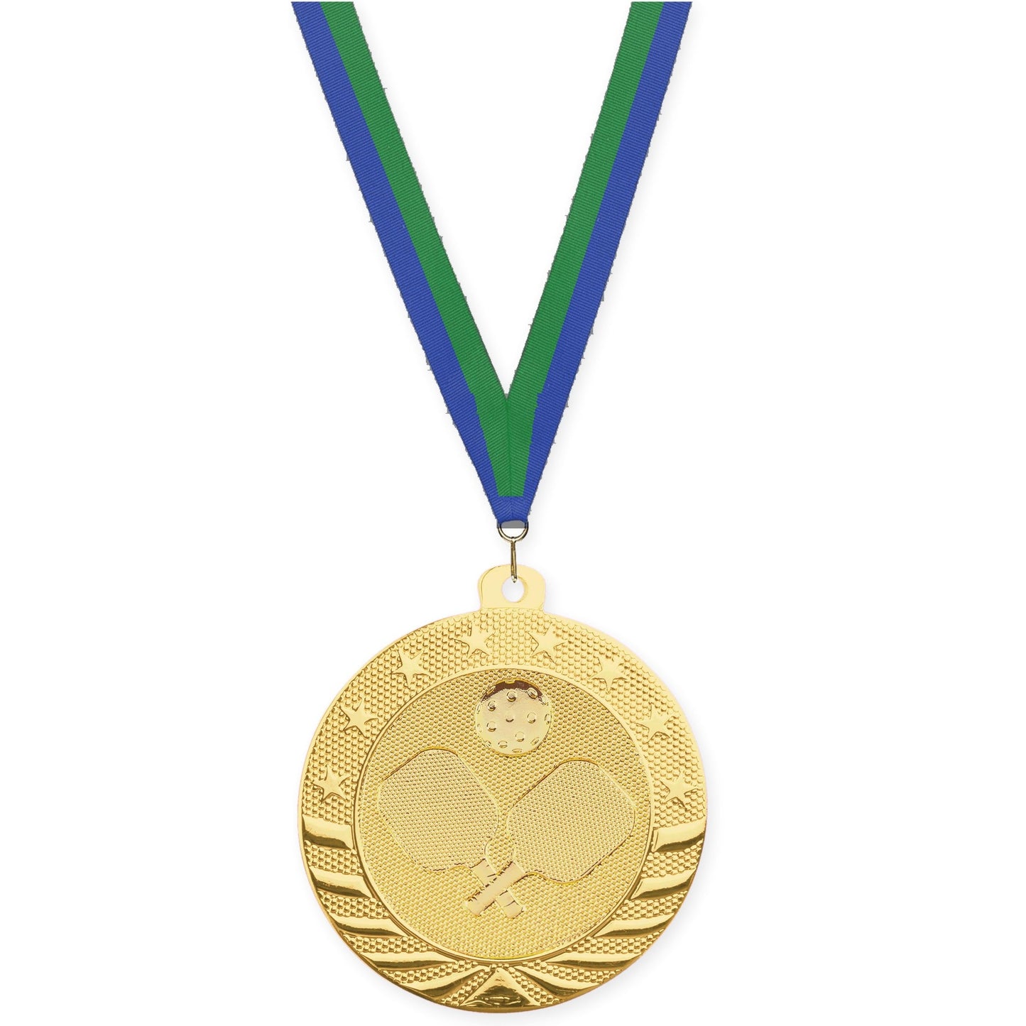 2 inch pickleball Starbrite medal in bright gold with Blue Green neck ribbon