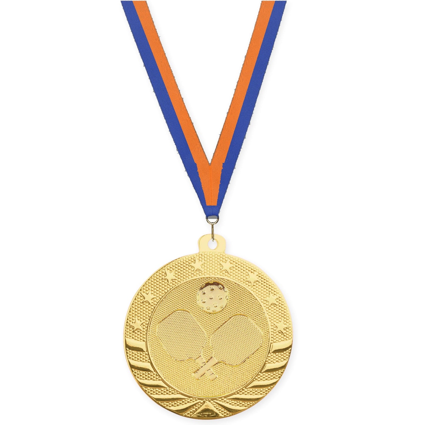 2 inch pickleball Starbrite medal in bright gold with Blue Orange neck ribbon