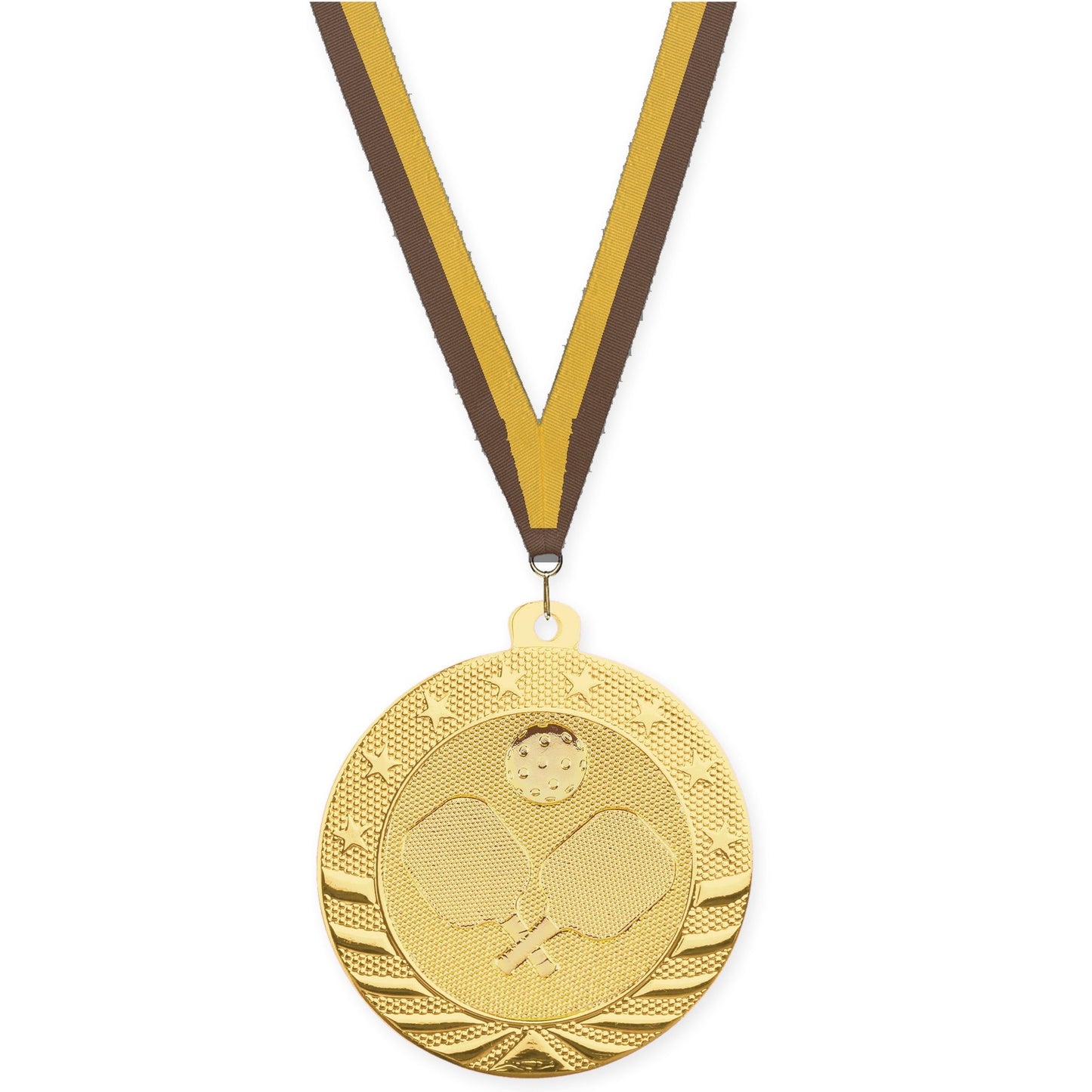 2 inch pickleball Starbrite medal in bright gold with Brown Gold neck ribbon