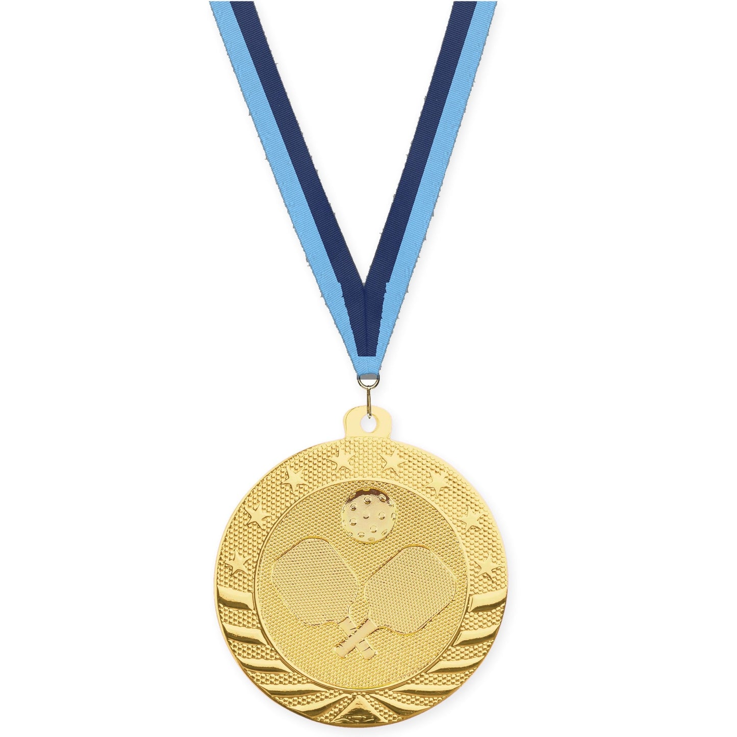 2 inch pickleball Starbrite medal in bright gold with Light Blue Navy neck ribbon