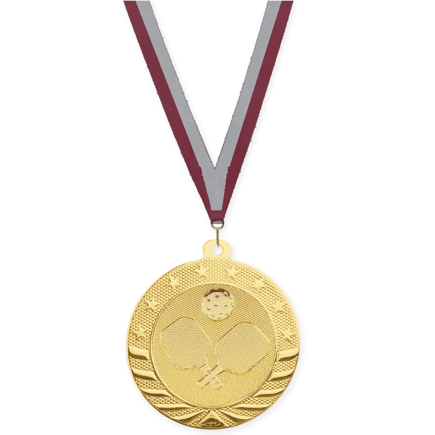 2 inch pickleball Starbrite medal in bright gold with Maroon Gray neck ribbon