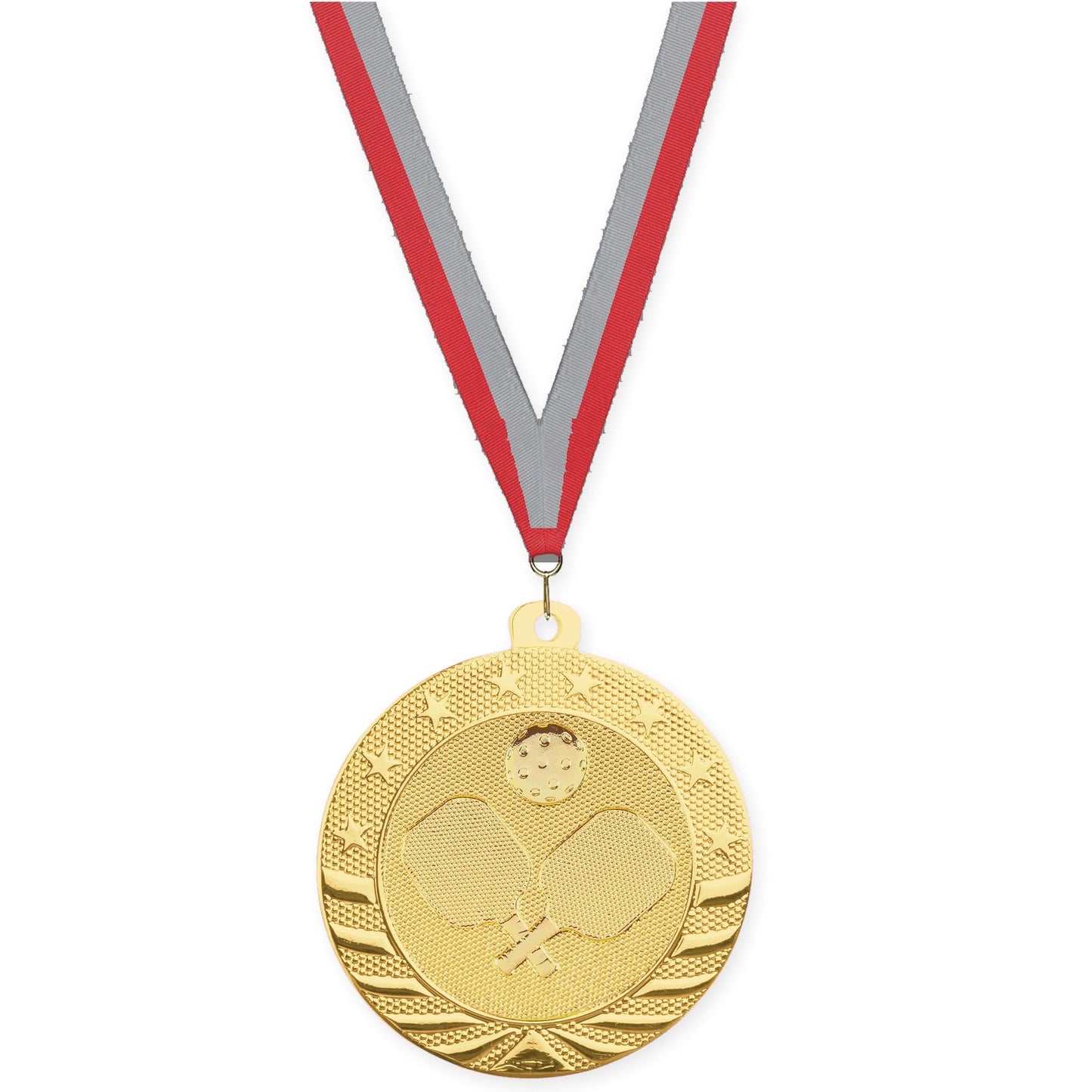 2 inch pickleball Starbrite medal in bright gold with Red Gray neck ribbon