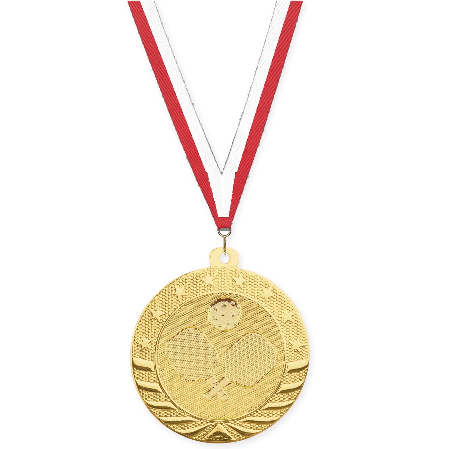 2 inch pickleball Starbrite medal in bright gold with Red White neck ribbon