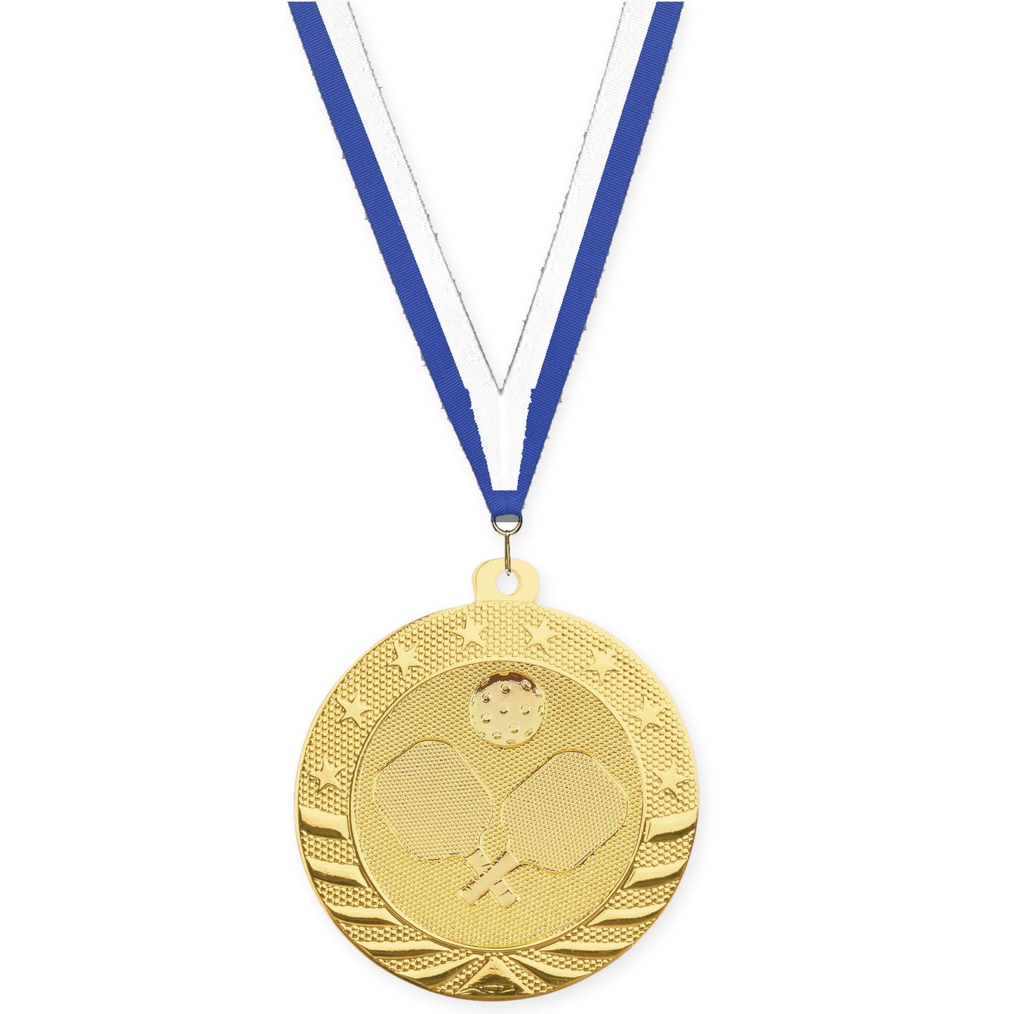 2 inch pickleball Starbrite medal in bright gold with Blue White neck ribbon
