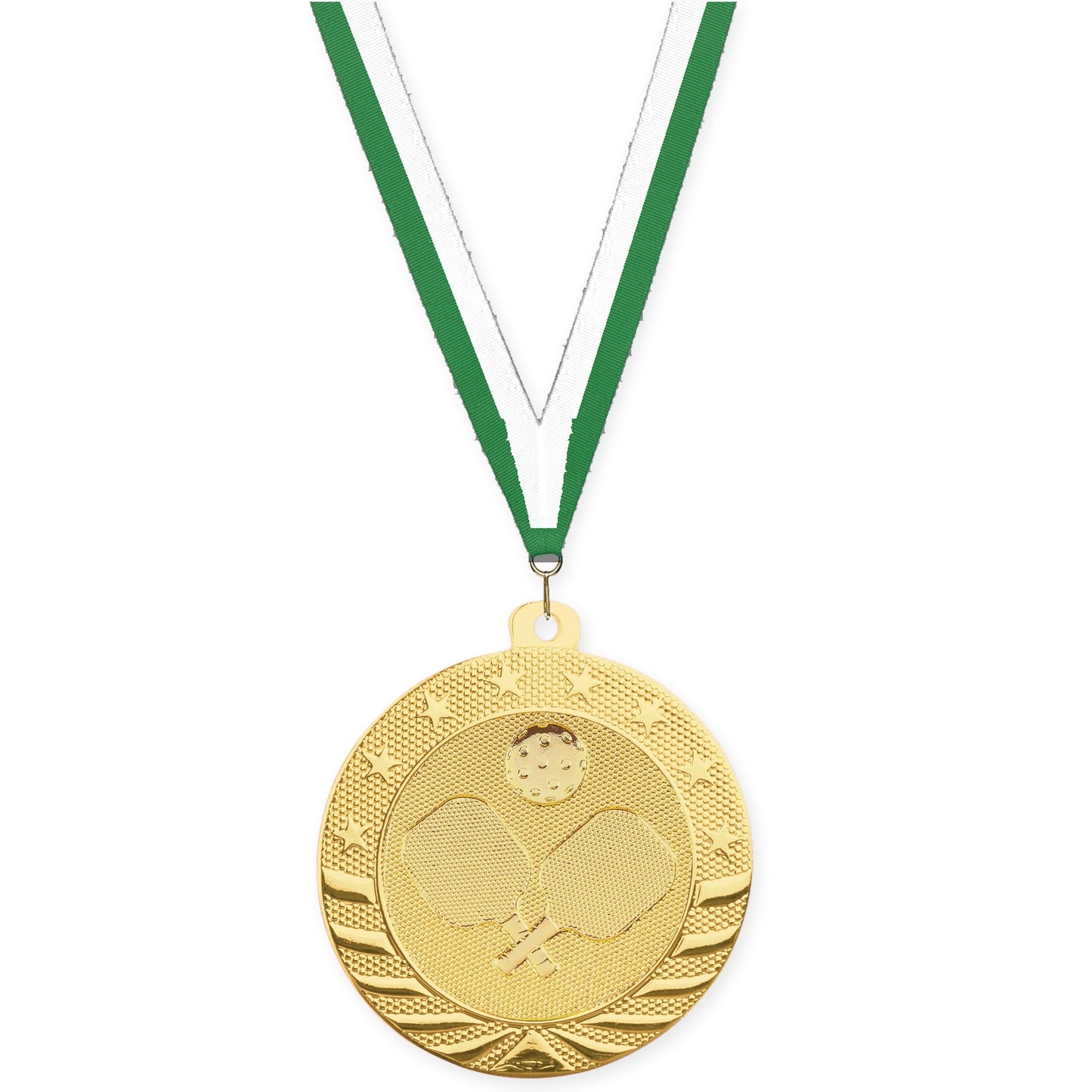 2 inch pickleball Starbrite medal in bright gold with Green White neck ribbon