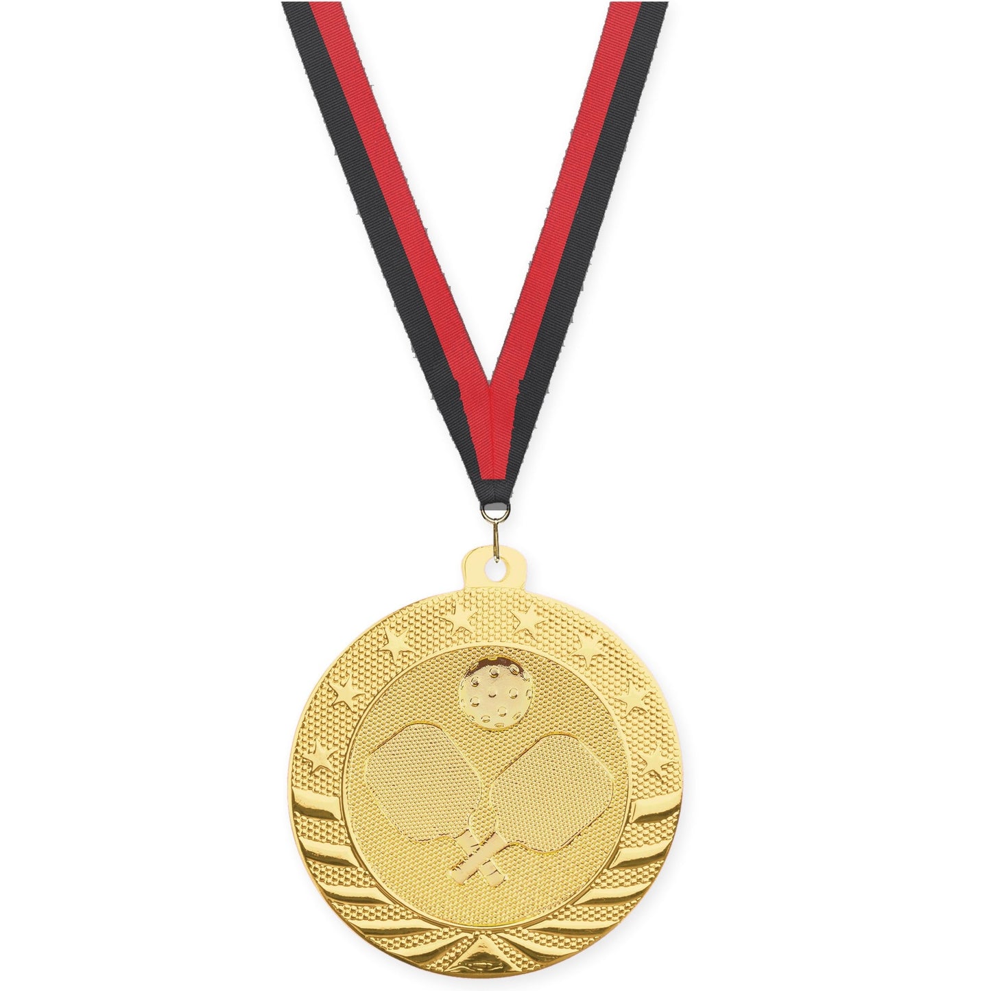 2 inch pickleball Starbrite medal in bright gold with Black Red neck ribbon