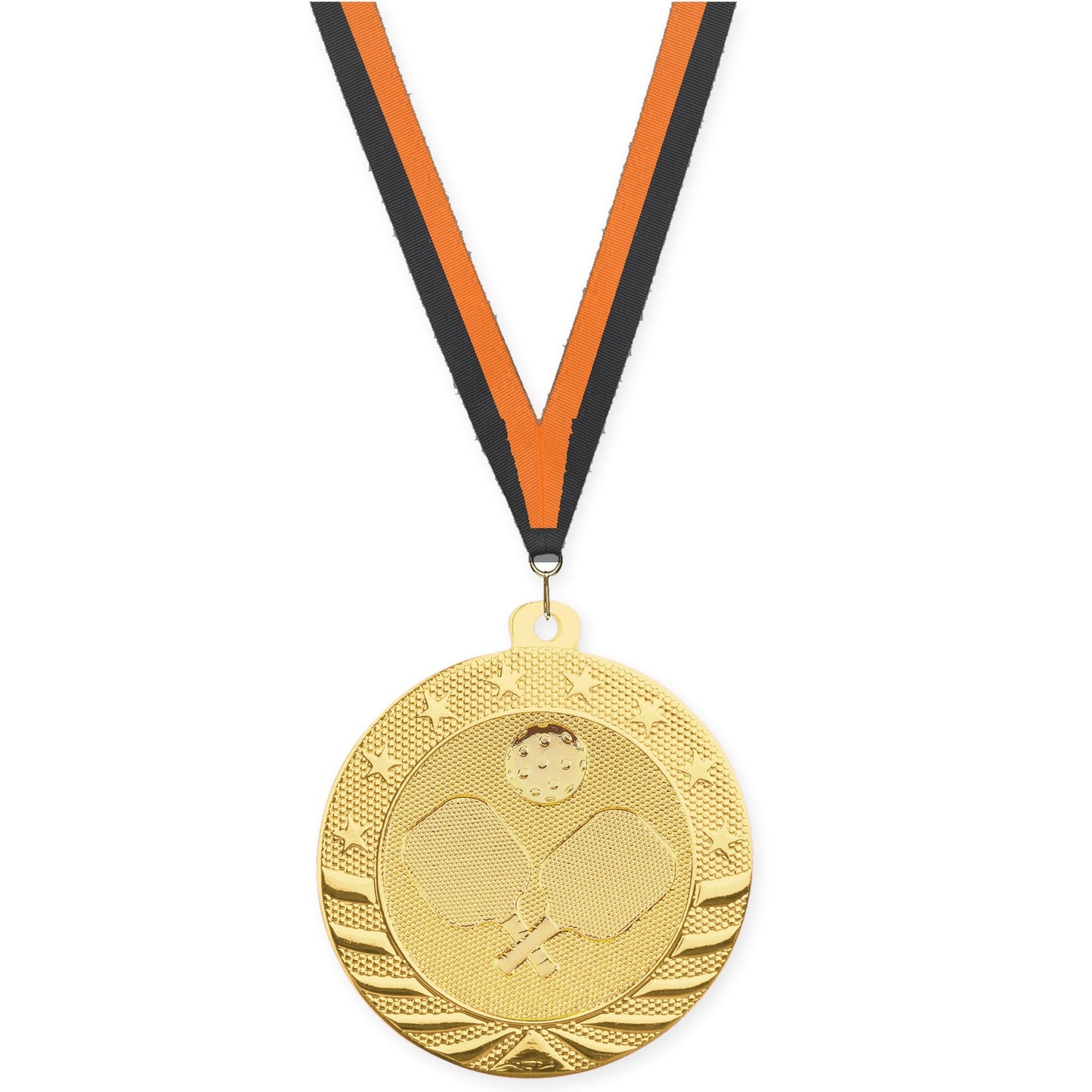 2 inch pickleball Starbrite medal in bright gold with Black Orange neck ribbon