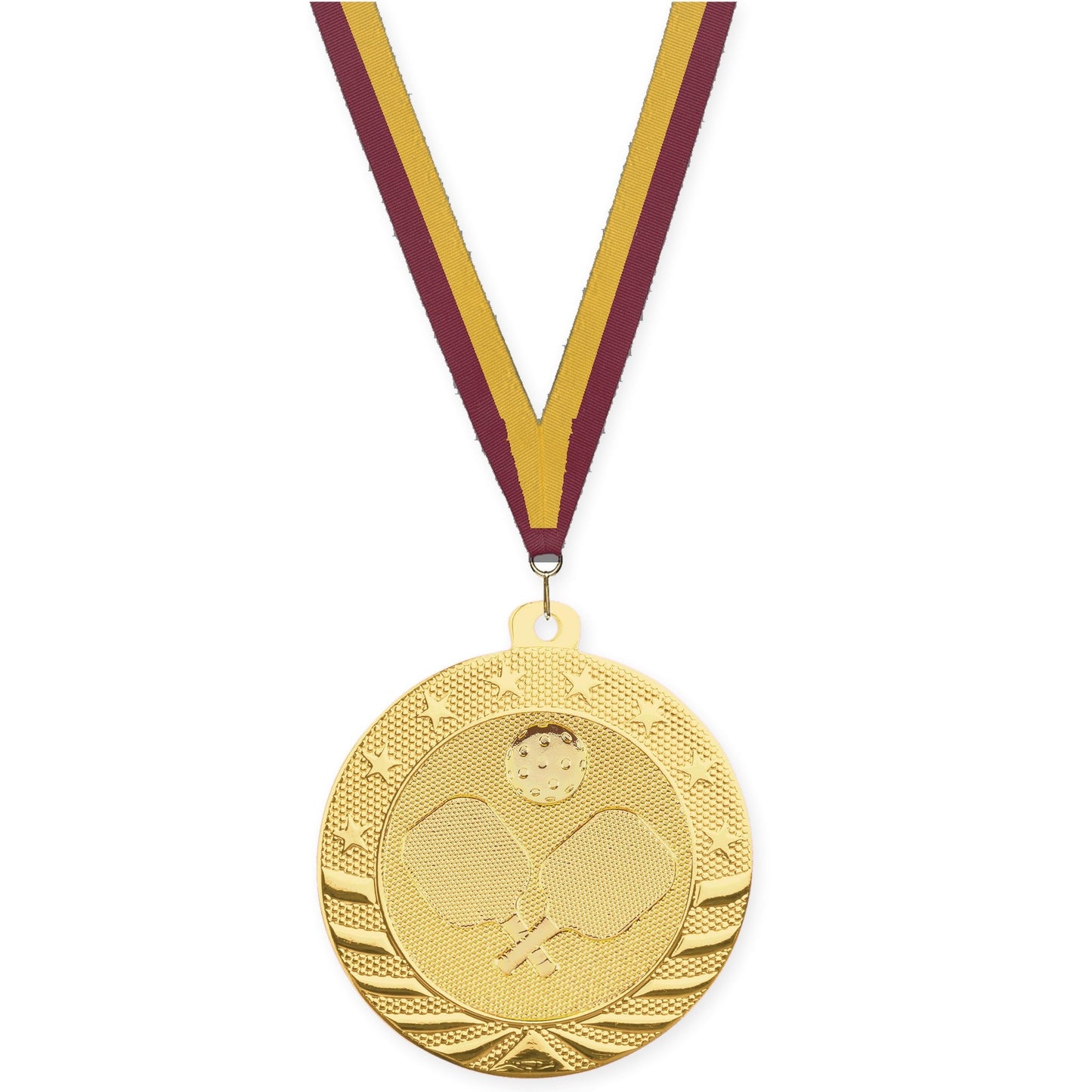2 inch pickleball Starbrite medal in bright gold with Maroon Gold neck ribbon