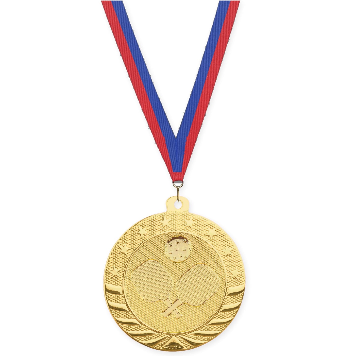 2 inch pickleball Starbrite medal in bright gold with Blue Red neck ribbon