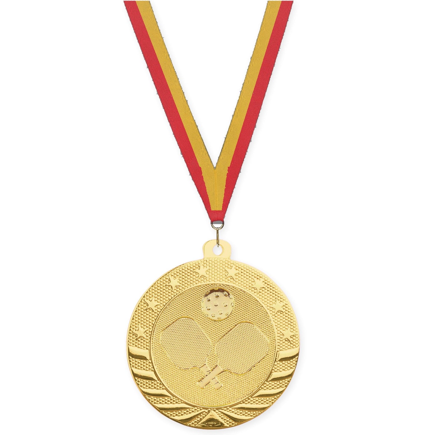 2 inch pickleball Starbrite medal in bright gold with Red Gold neck ribbon