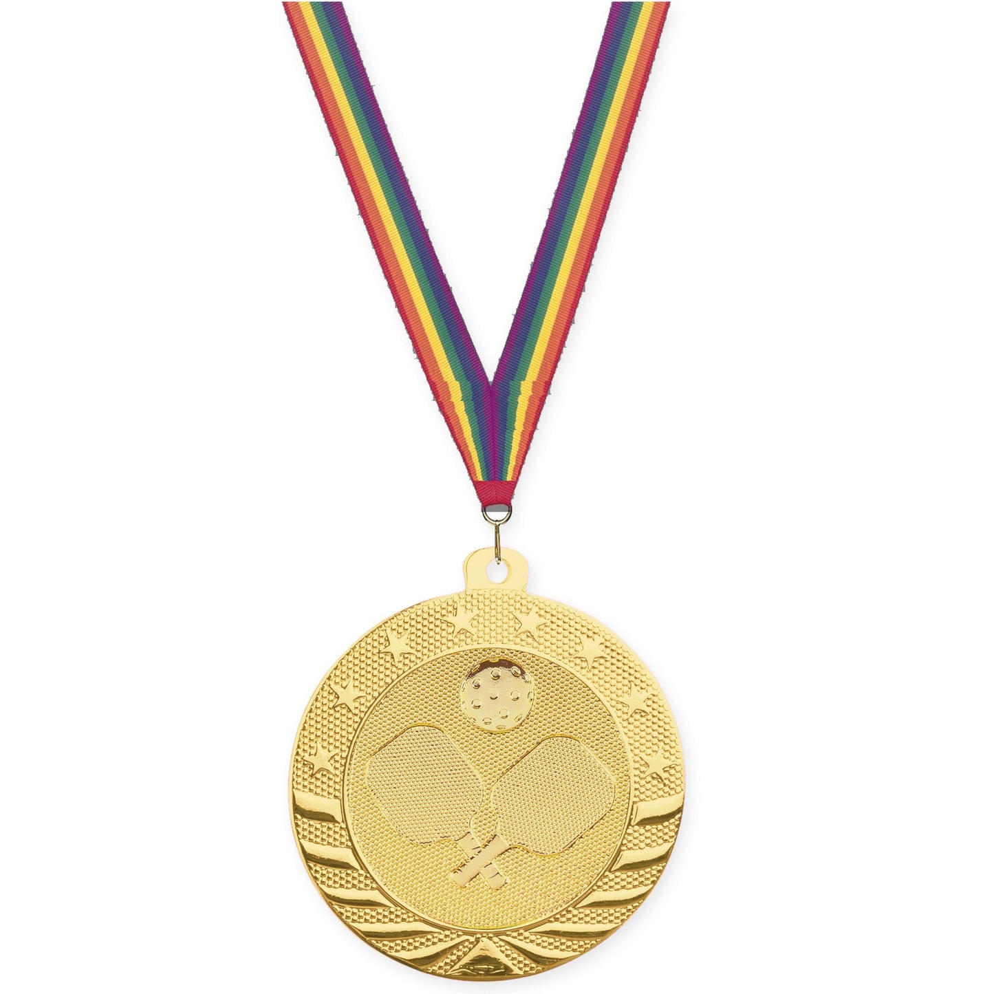 2 inch pickleball Starbrite medal in bright gold with Rainbow neck ribbon