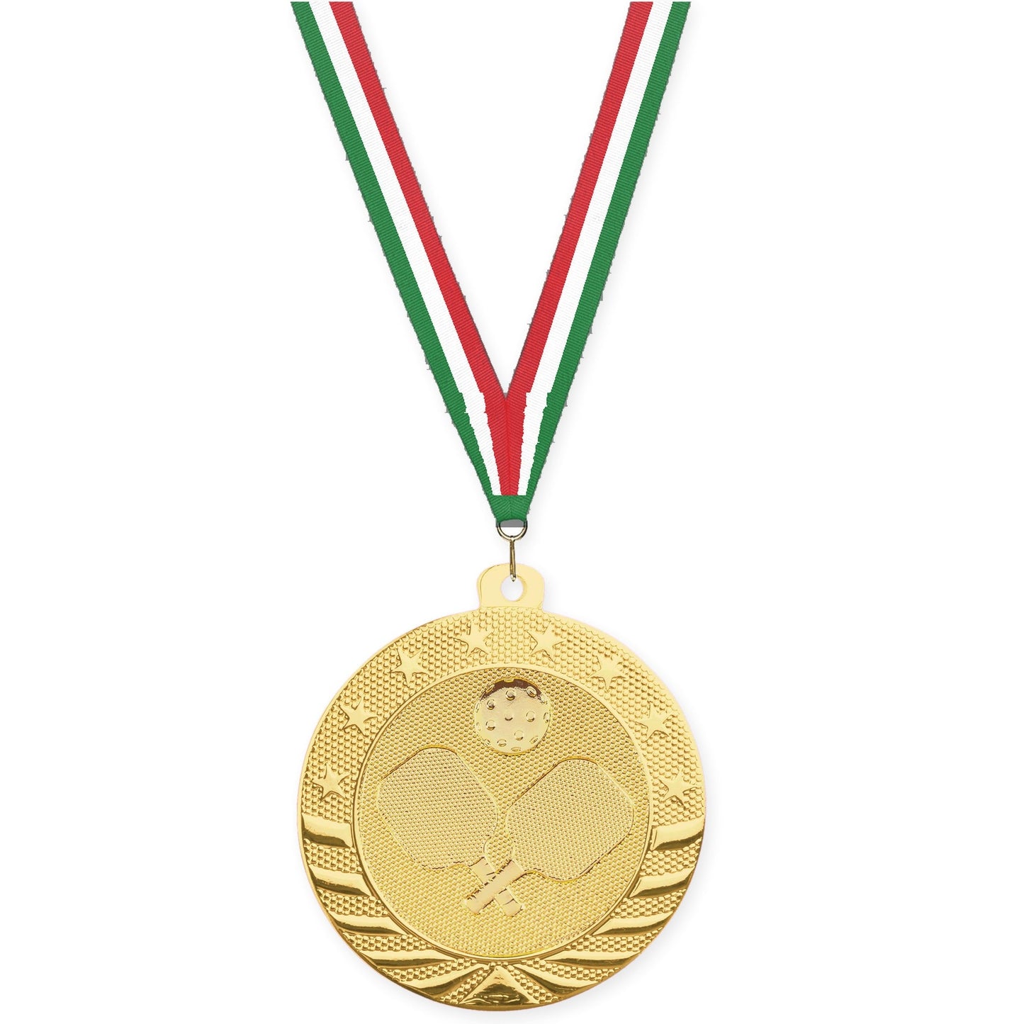 2 inch pickleball Starbrite medal in bright gold with Green White Red neck ribbon
