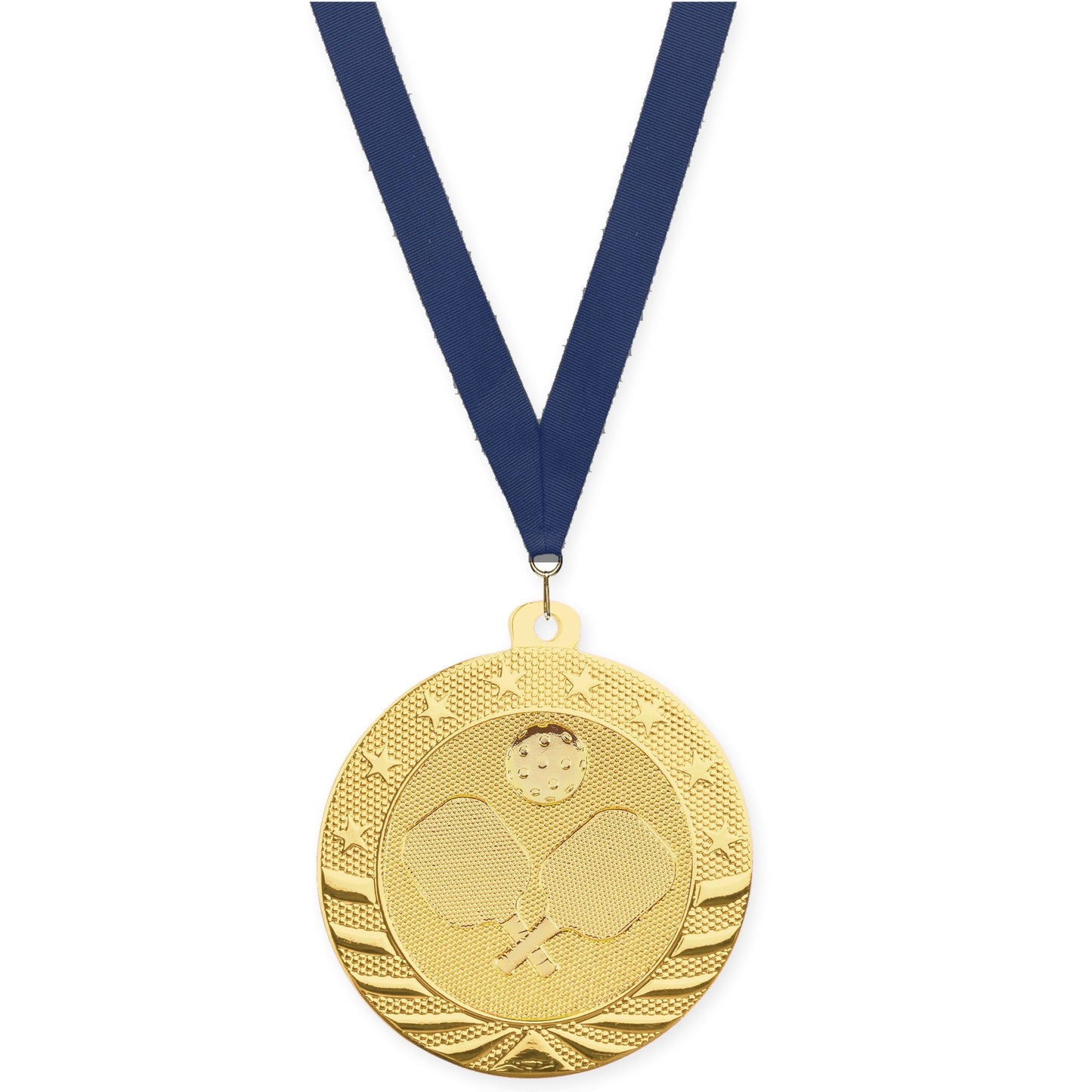 2 inch pickleball Starbrite medal in bright gold with Navy neck ribbon