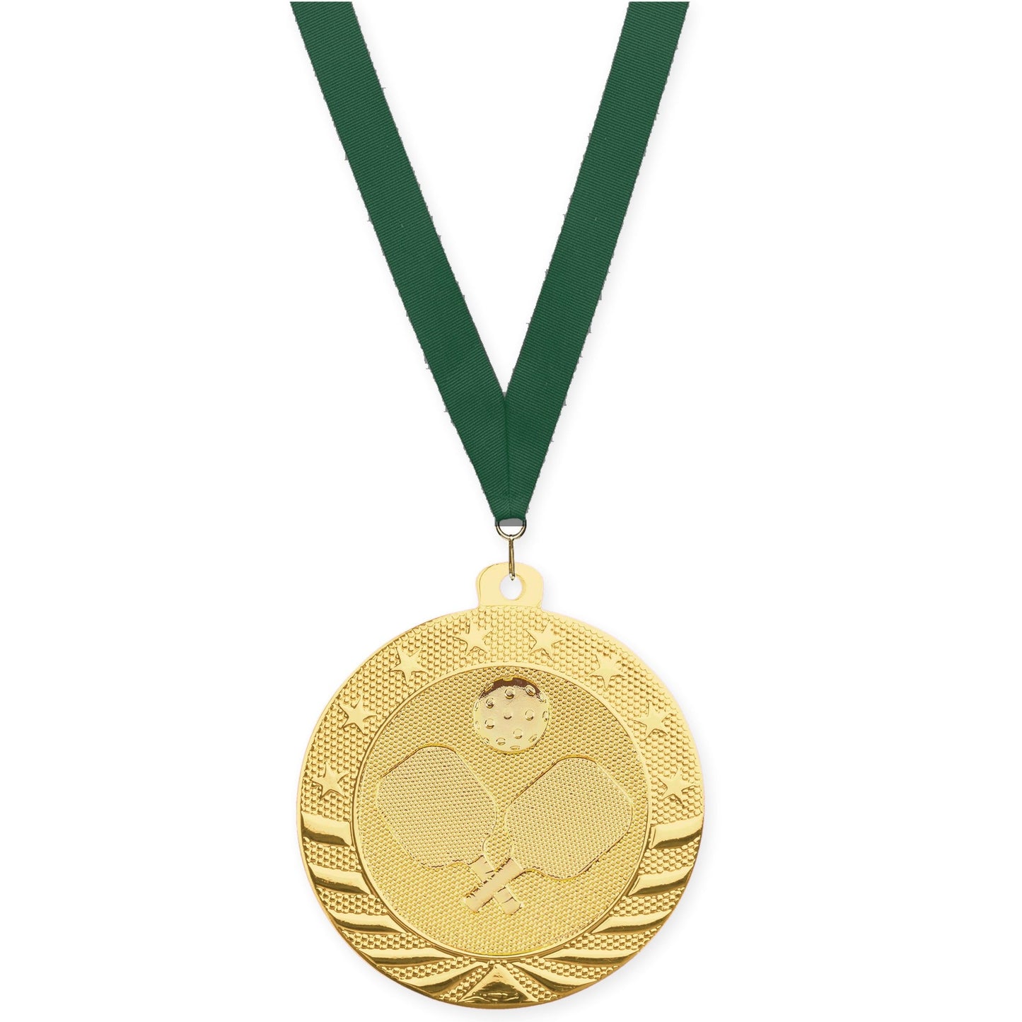 2 inch pickleball Starbrite medal in bright gold with Hunter Green neck ribbon