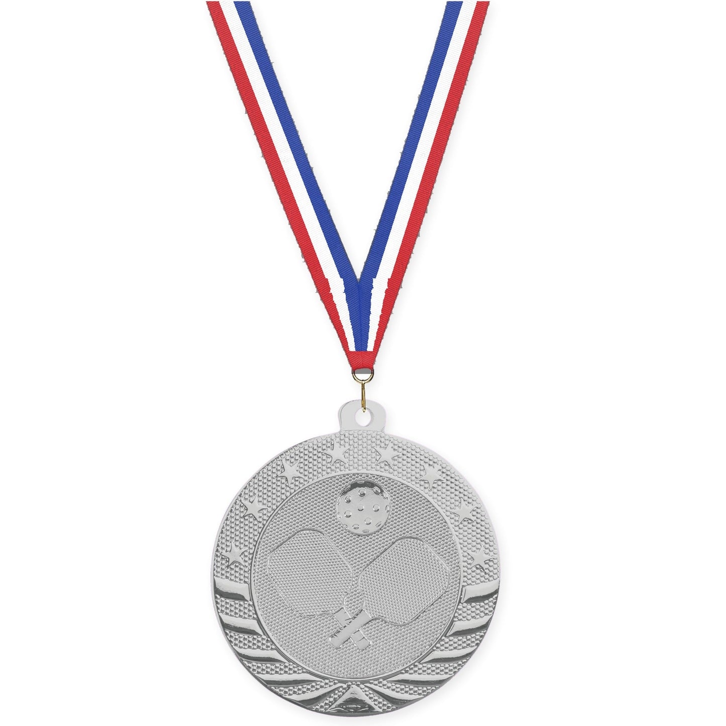 2 inch pickleball Starbrite medal in bright silver with Red White Blue neck ribbon