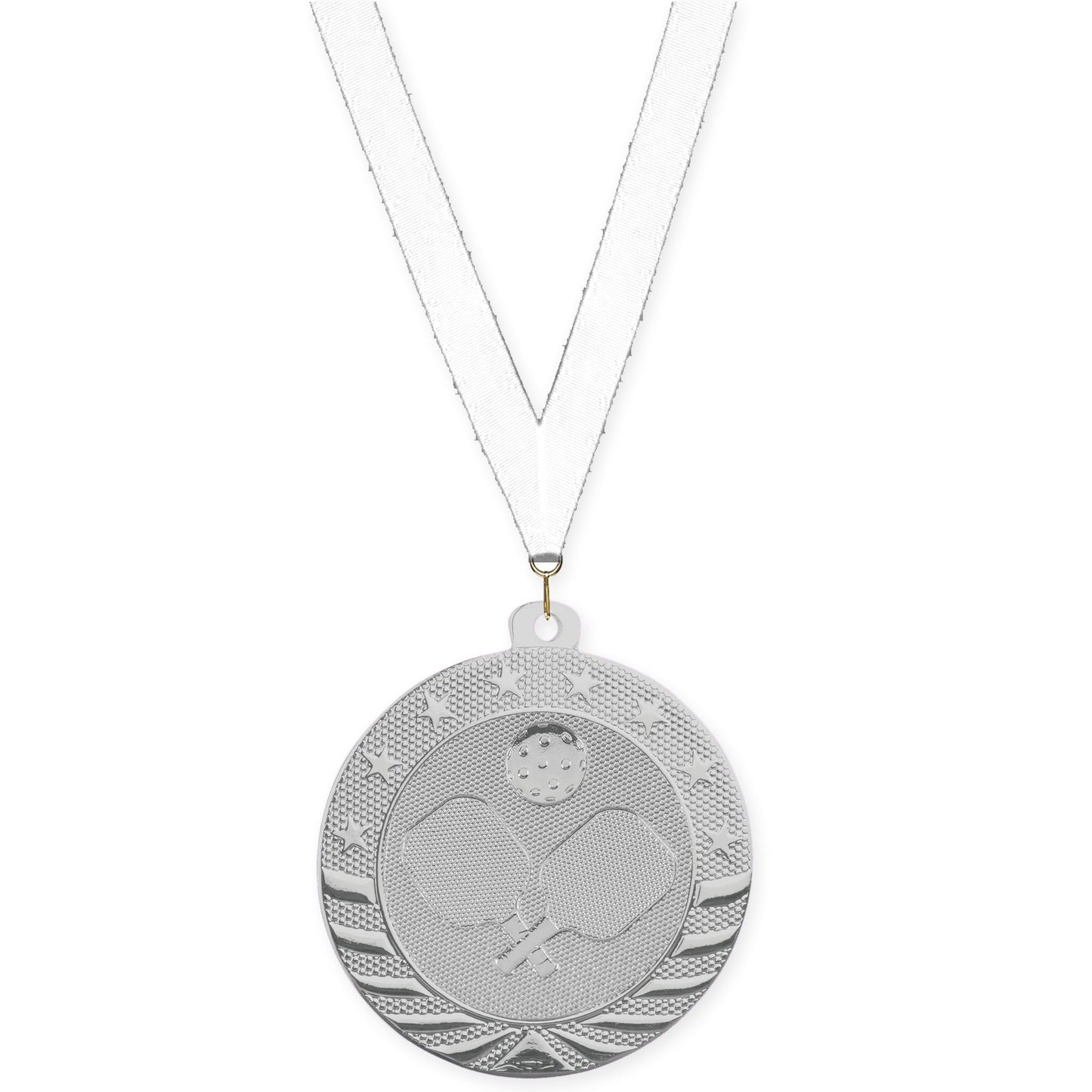 2 inch pickleball Starbrite medal in bright silver with White neck ribbon