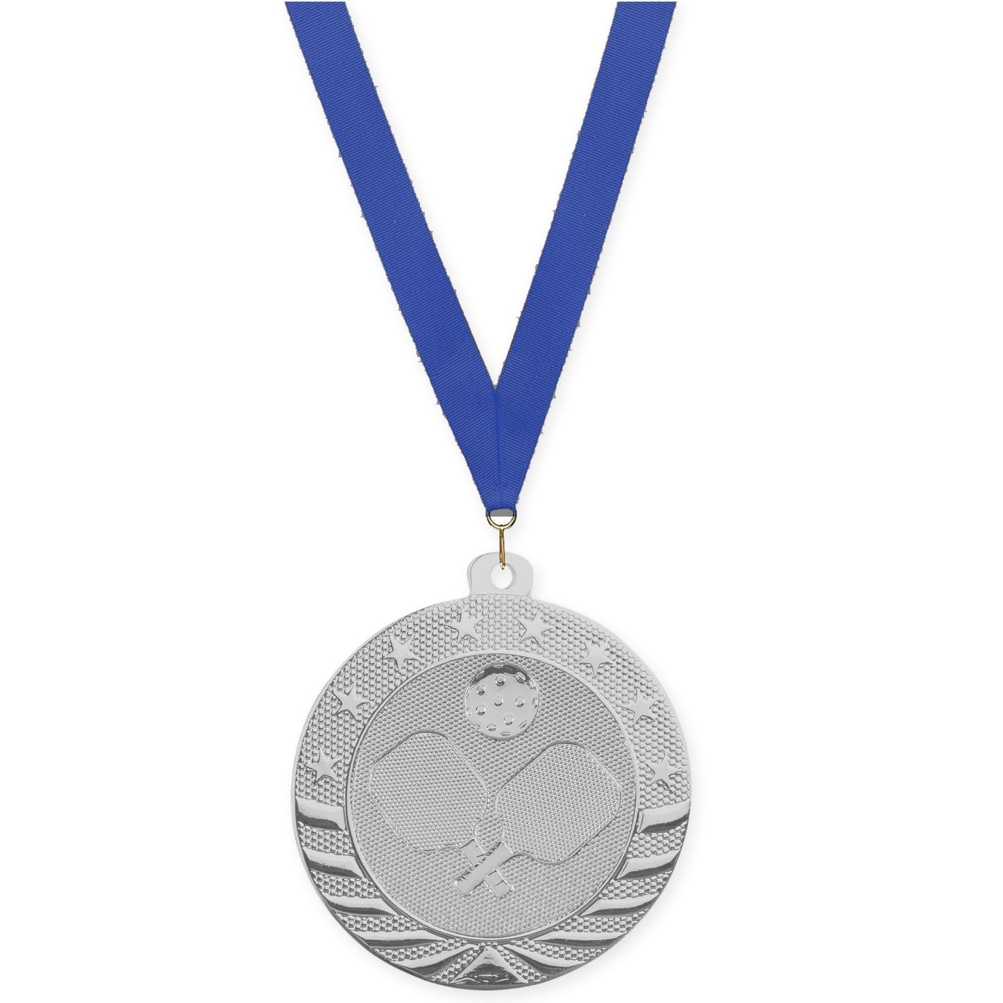 2 inch pickleball Starbrite medal in bright silver with Blue neck ribbon