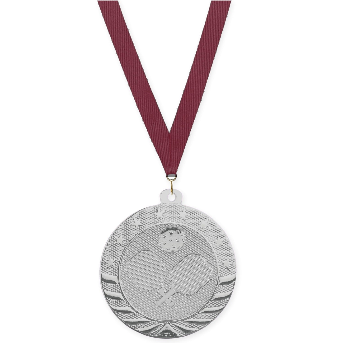 2 inch pickleball Starbrite medal in bright silver with Maroon neck ribbon