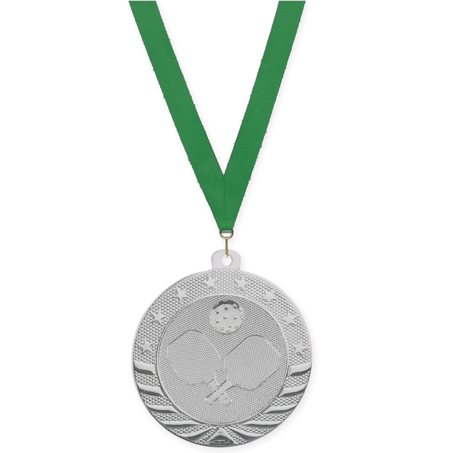 2 inch pickleball Starbrite medal in bright silver with Green neck ribbon