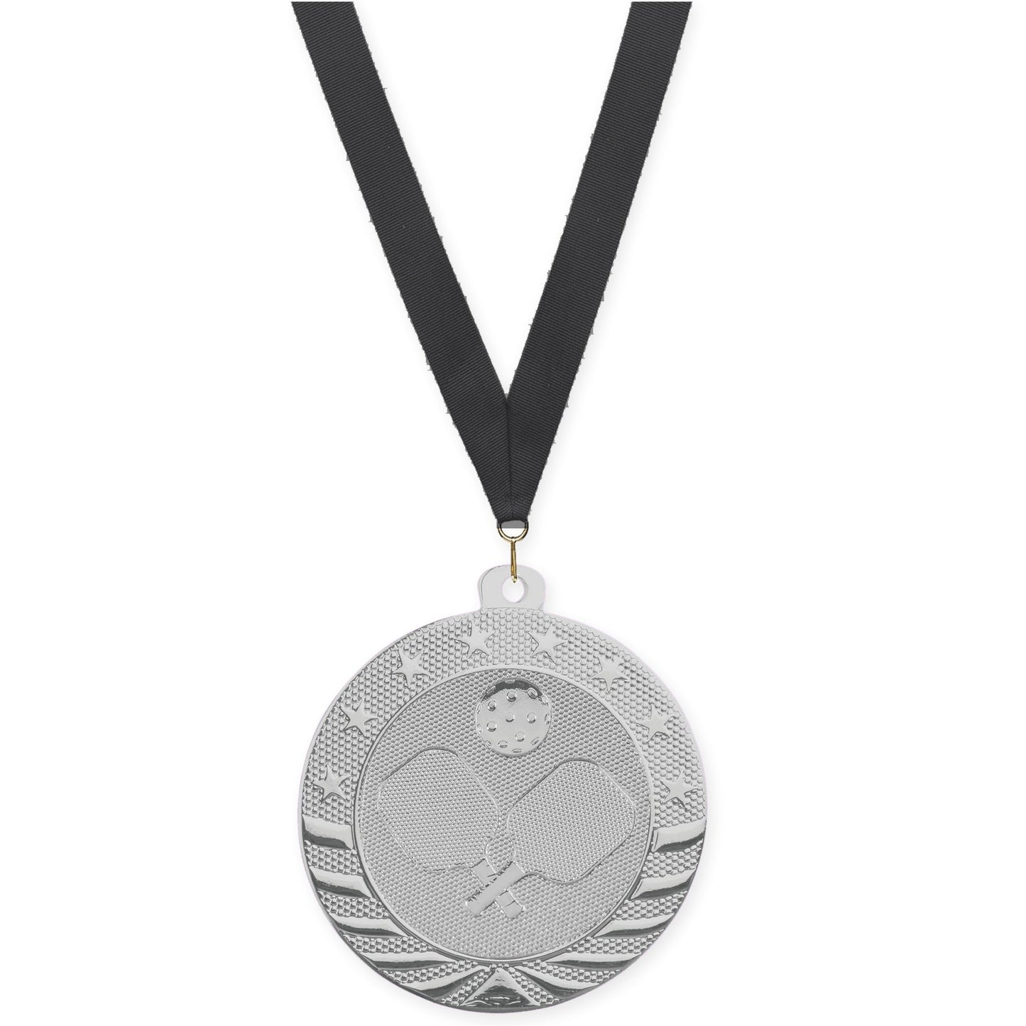 2 inch pickleball Starbrite medal in bright silver with Black neck ribbon