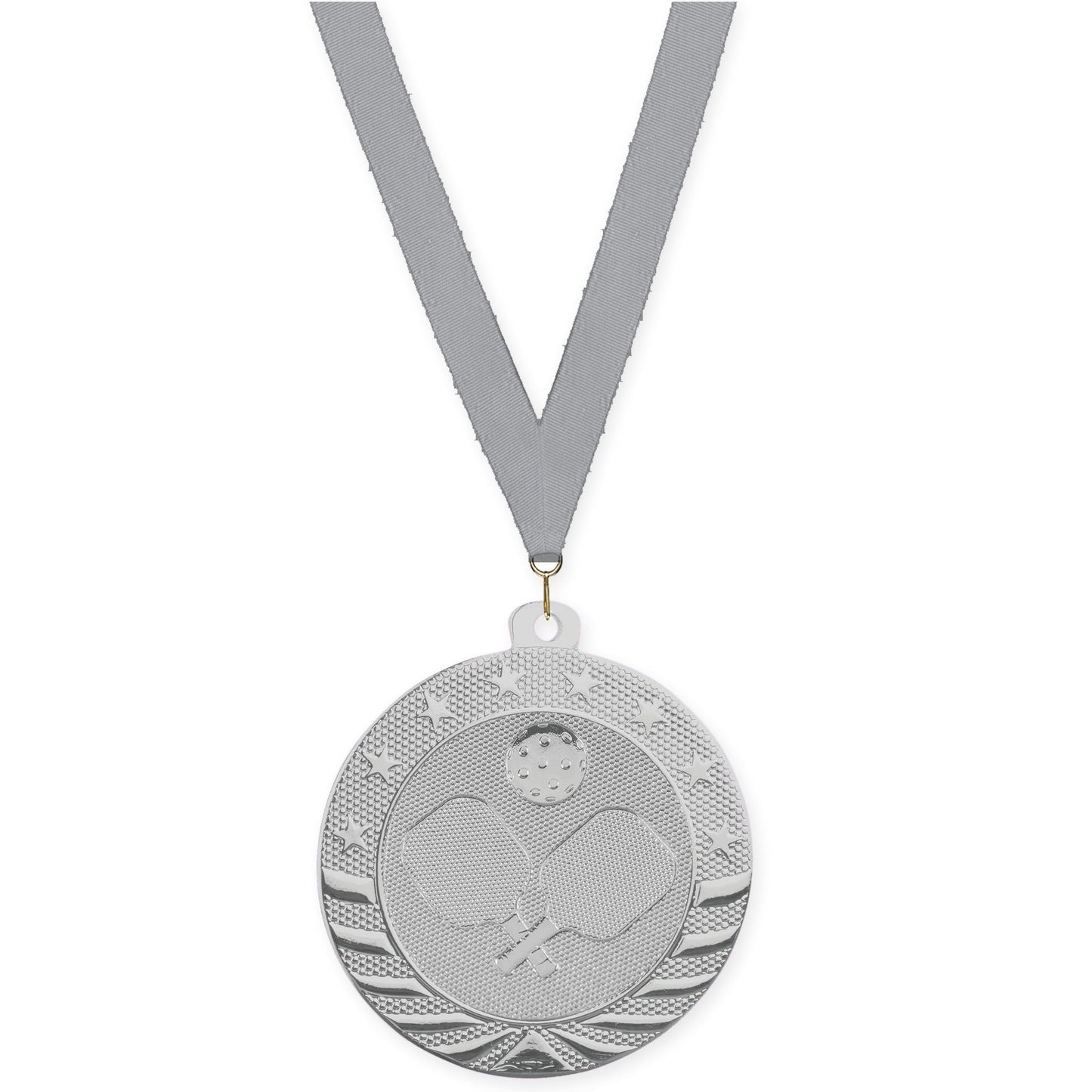 2 inch pickleball Starbrite medal in bright silver with Gray neck ribbon