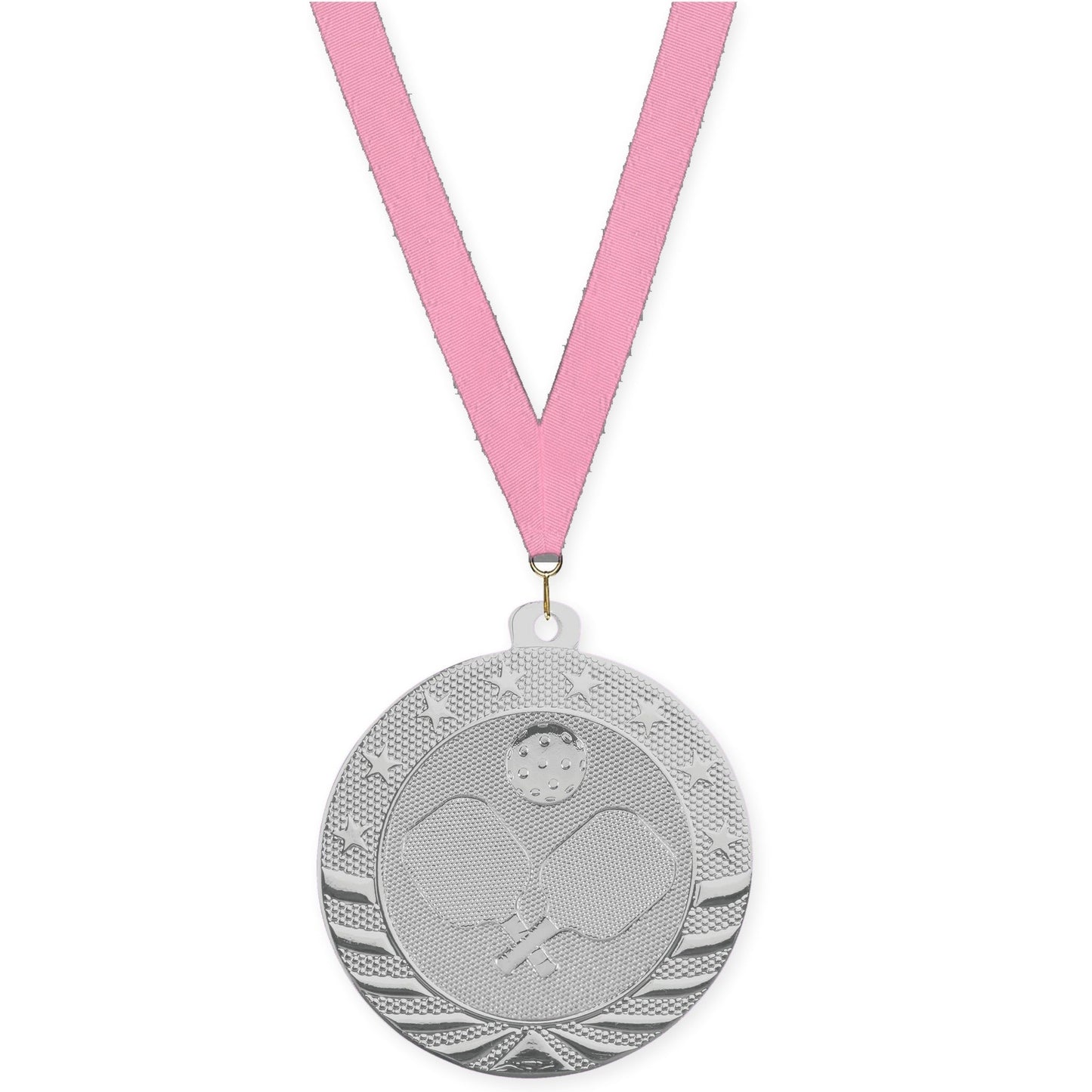 2 inch pickleball Starbrite medal in bright silver with Pink neck ribbon