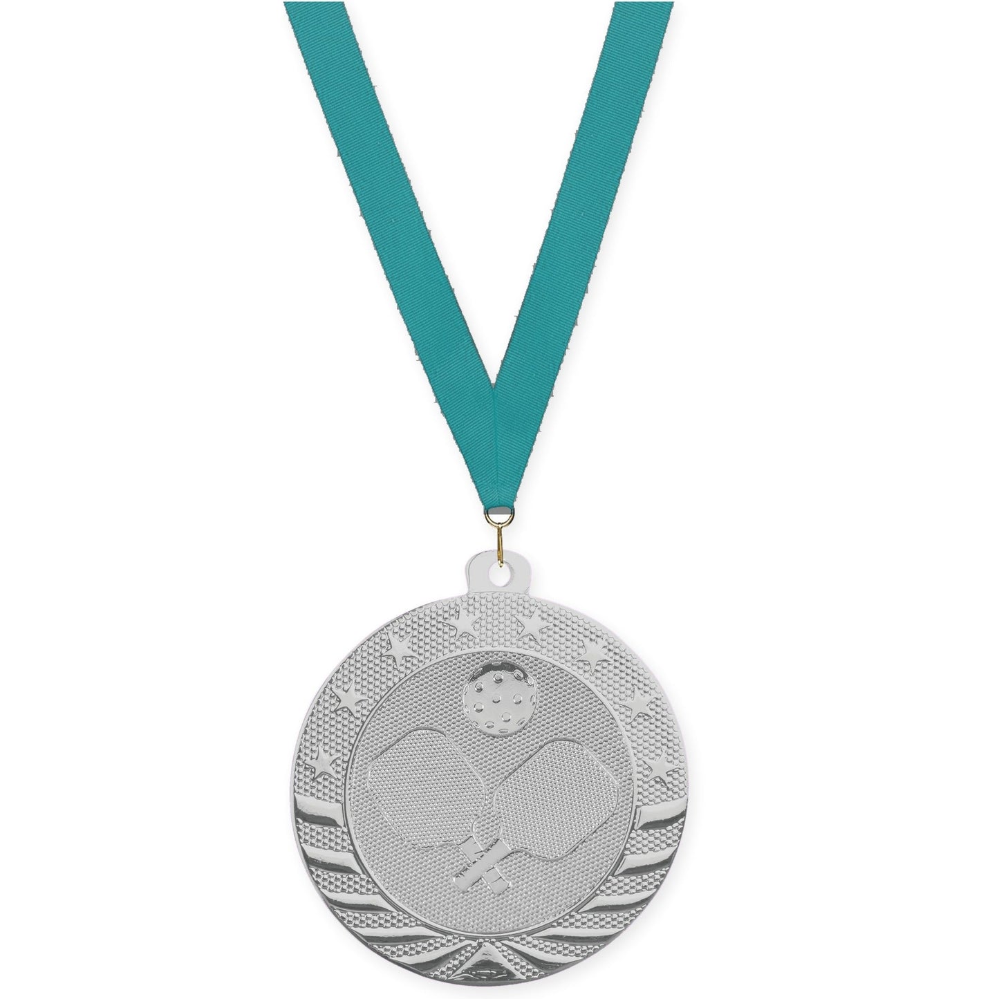 2 inch pickleball Starbrite medal in bright silver with Teal neck ribbon