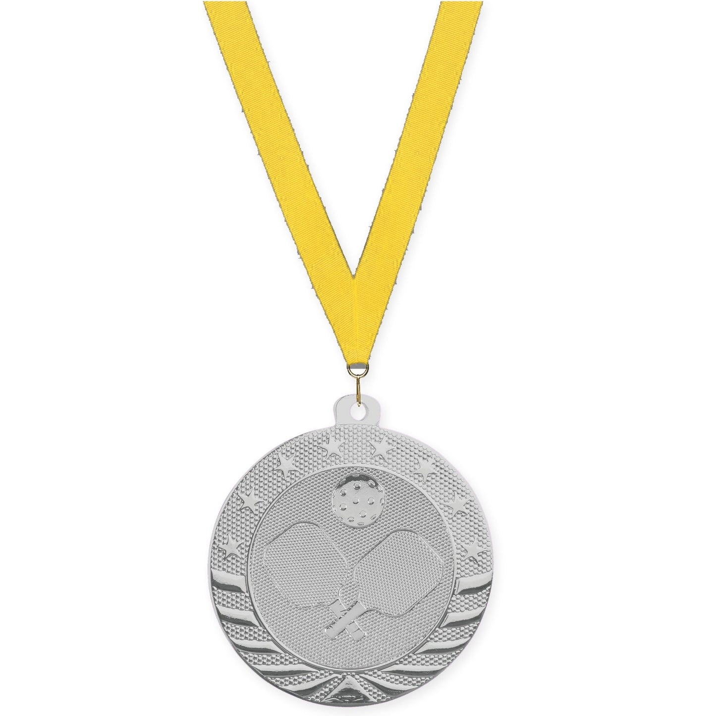 2 inch pickleball Starbrite medal in bright silver with Yellow neck ribbon
