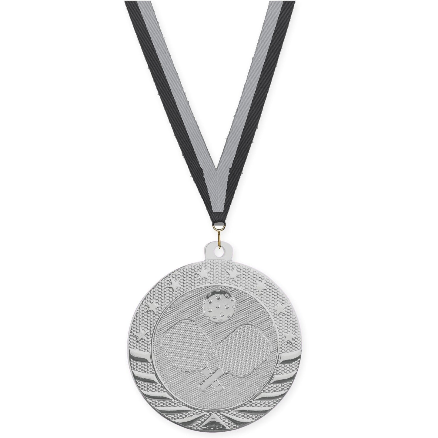 2 inch pickleball Starbrite medal in bright silver with Black Gray neck ribbon