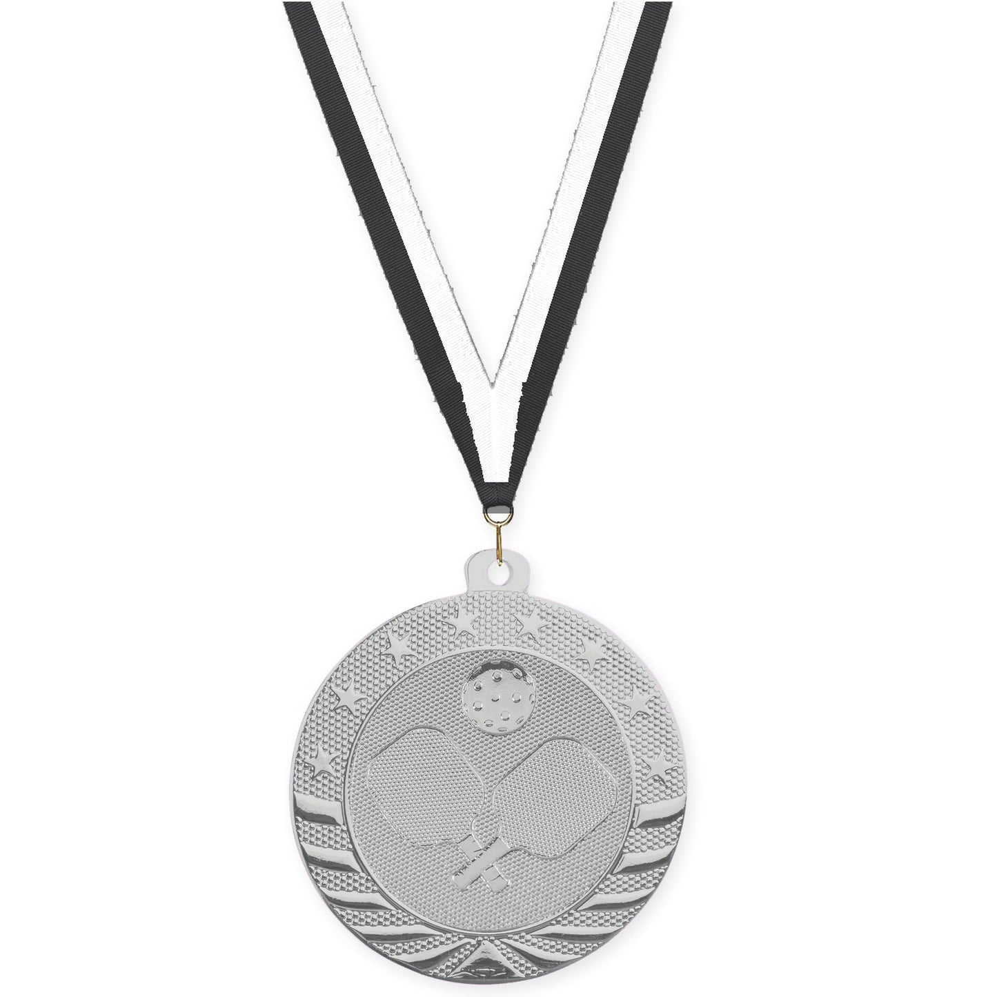 2 inch pickleball Starbrite medal in bright silver with Black White neck ribbon