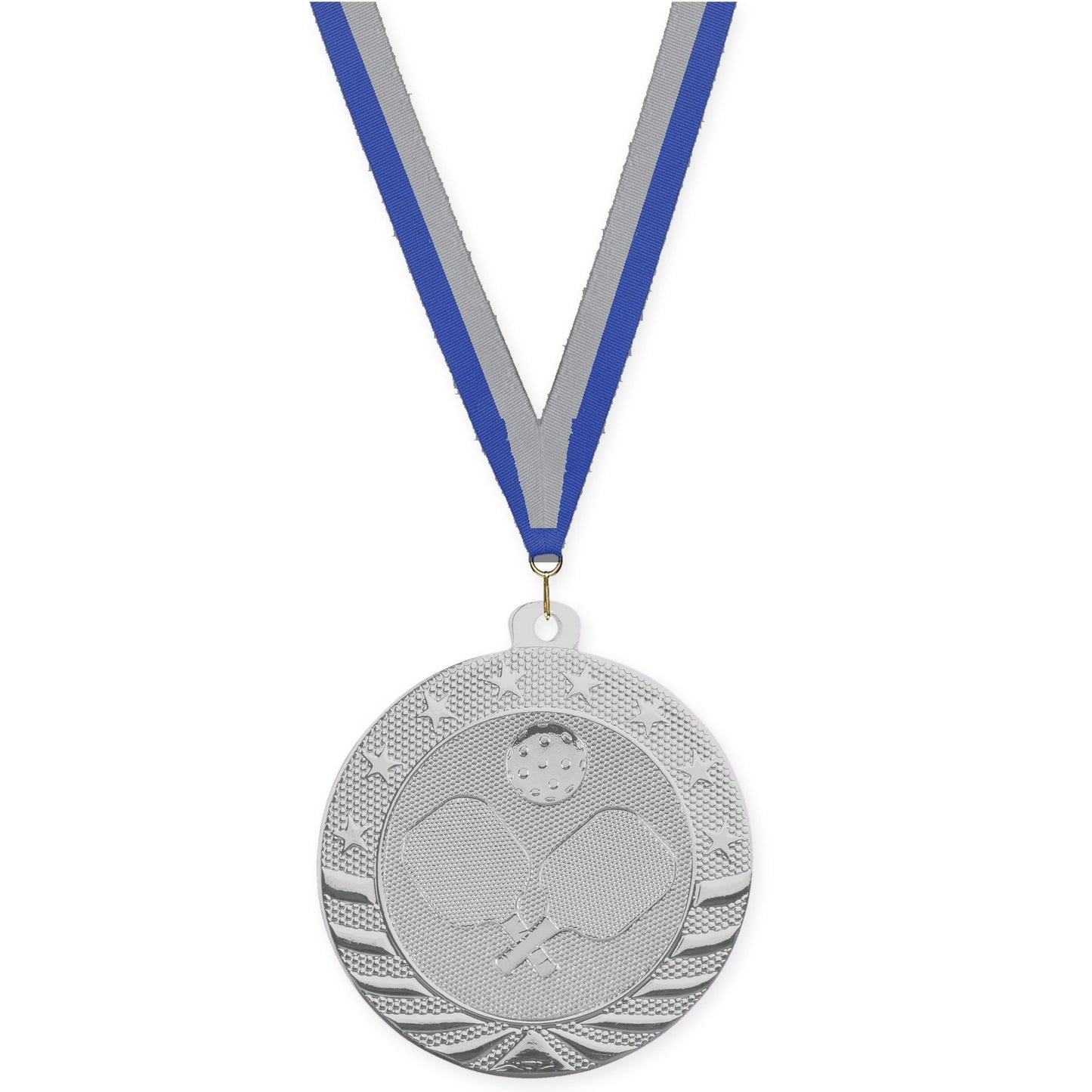 2 inch pickleball Starbrite medal in bright silver with Blue Gray neck ribbon