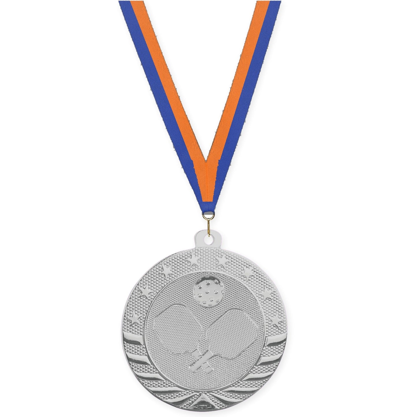 2 inch pickleball Starbrite medal in bright silver with Blue Orange neck ribbon