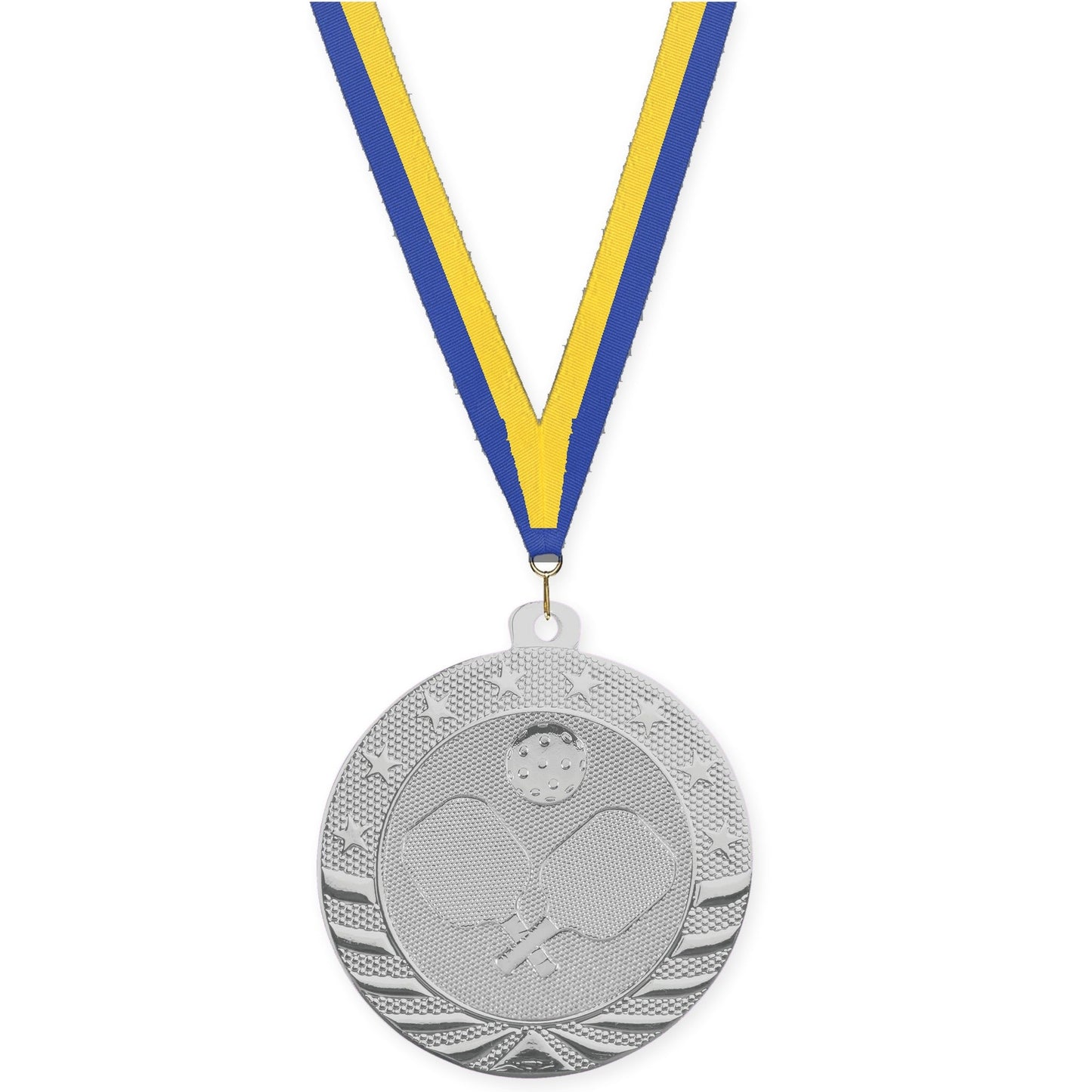 2 inch pickleball Starbrite medal in bright silver with Blue Yellow neck ribbon