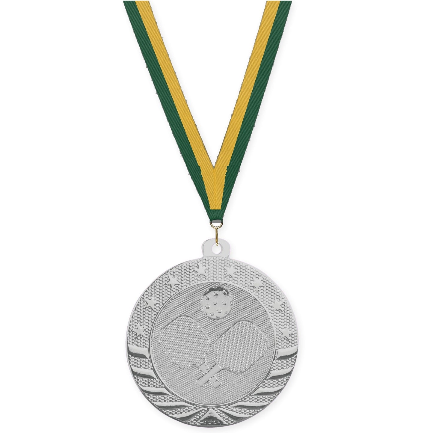 2 inch pickleball Starbrite medal in bright silver with Hunter Green Gold neck ribbon