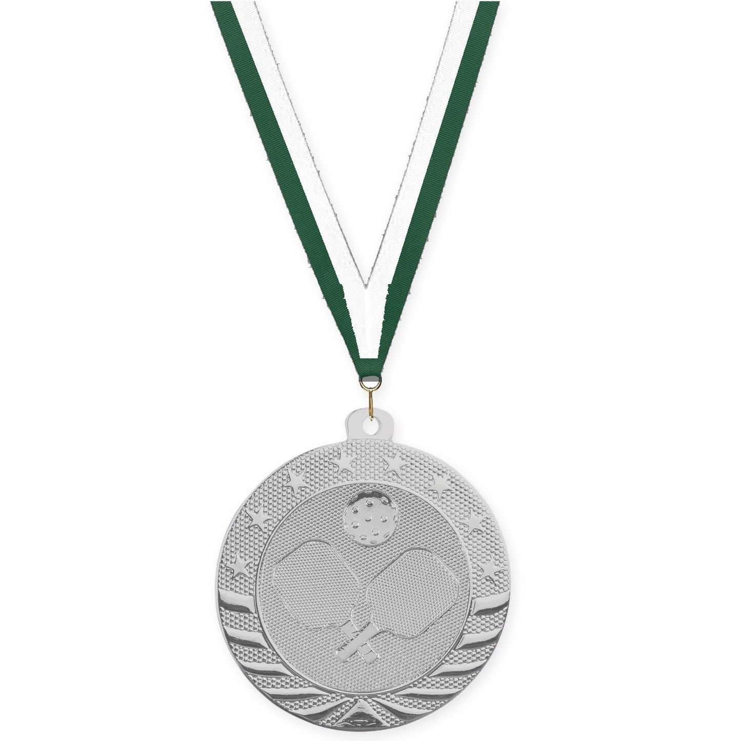 2 inch pickleball Starbrite medal in bright silver with Hunter Green White neck ribbon