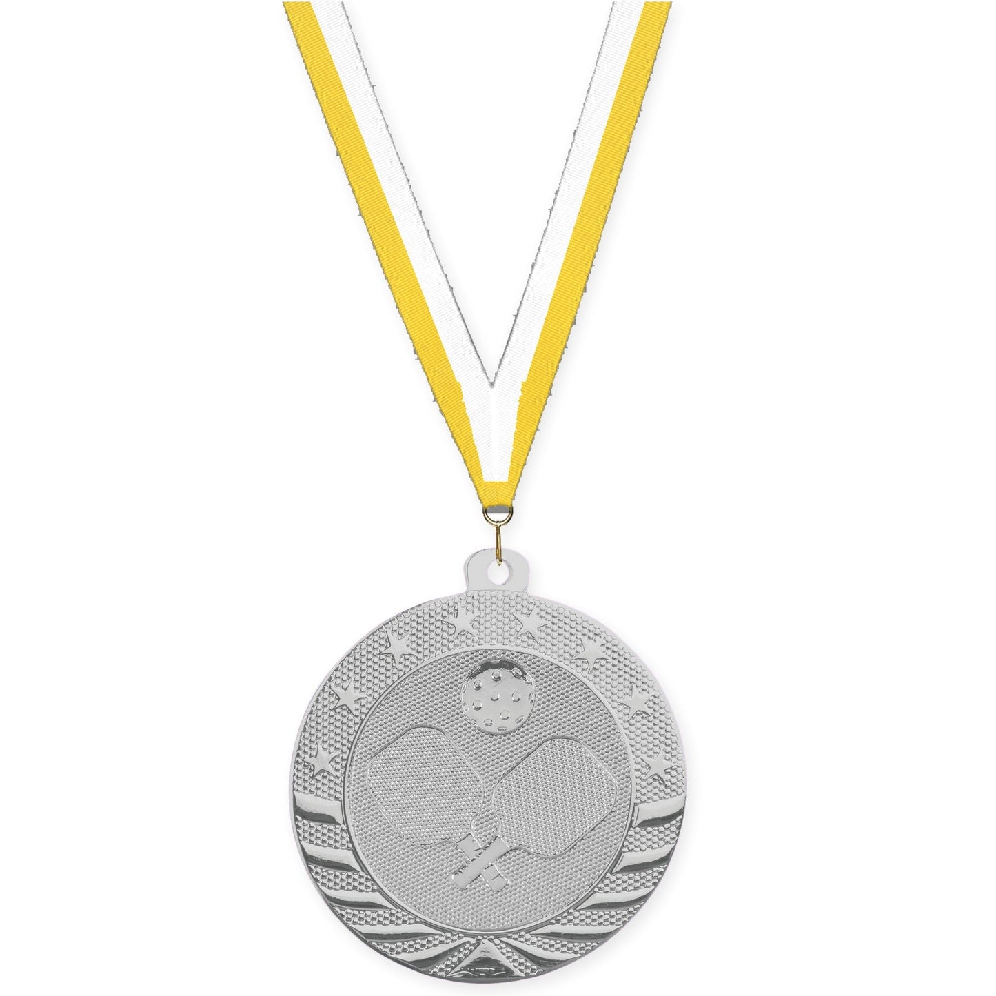 2 inch pickleball Starbrite medal in bright silver with Yellow White neck ribbon