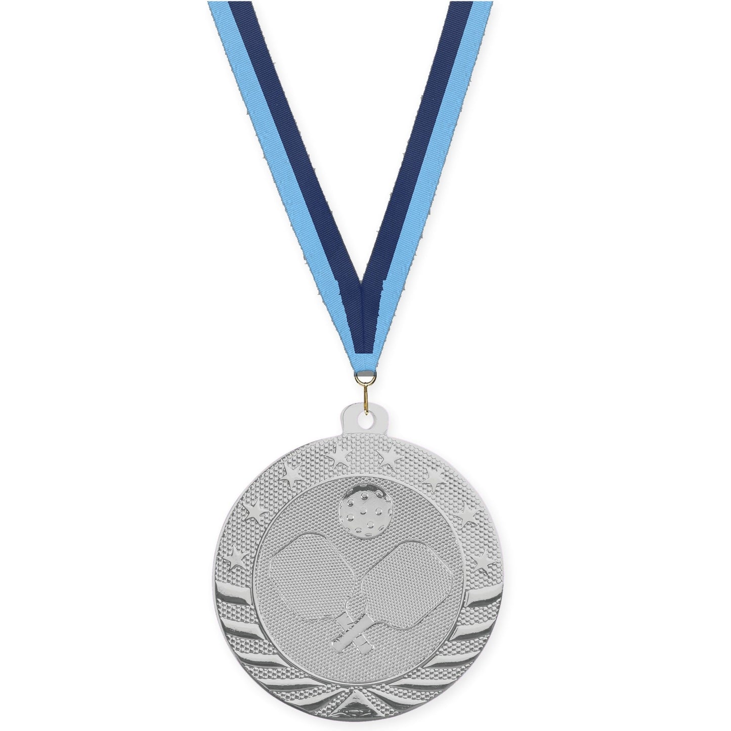 2 inch pickleball Starbrite medal in bright silver with Light Blue Navy neck ribbon