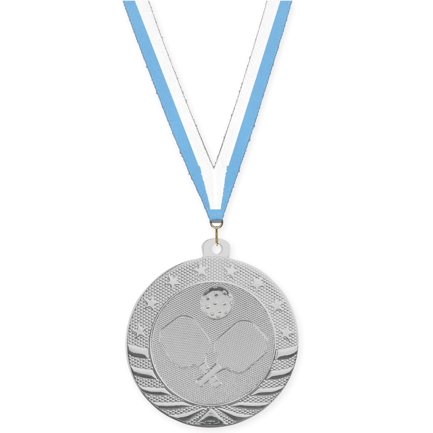2 inch pickleball Starbrite medal in bright silver with Light Blue White neck ribbon